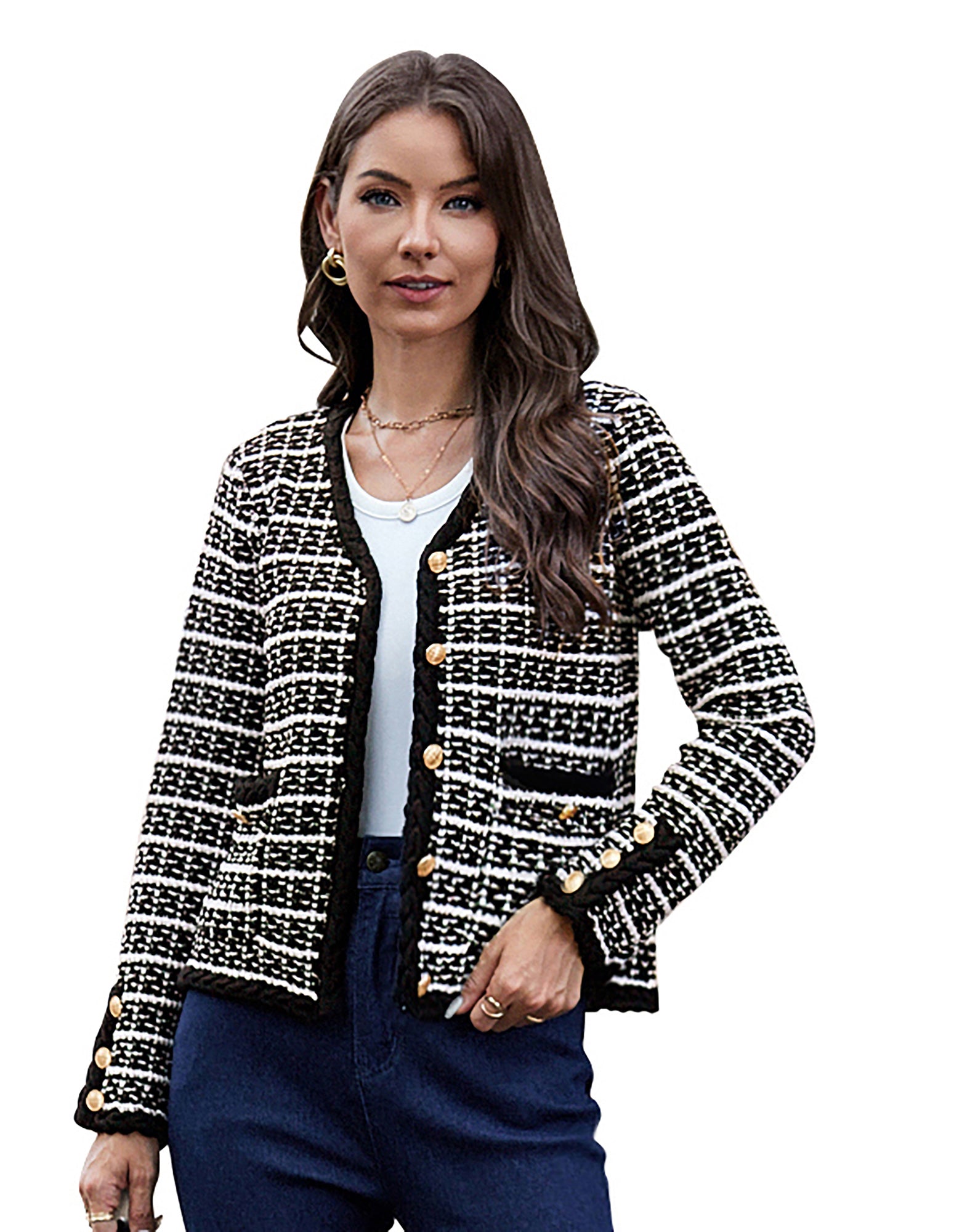 belle poque Contrast Color Cardigan Long Sleeve V-Neck Cable Knitted Sweater