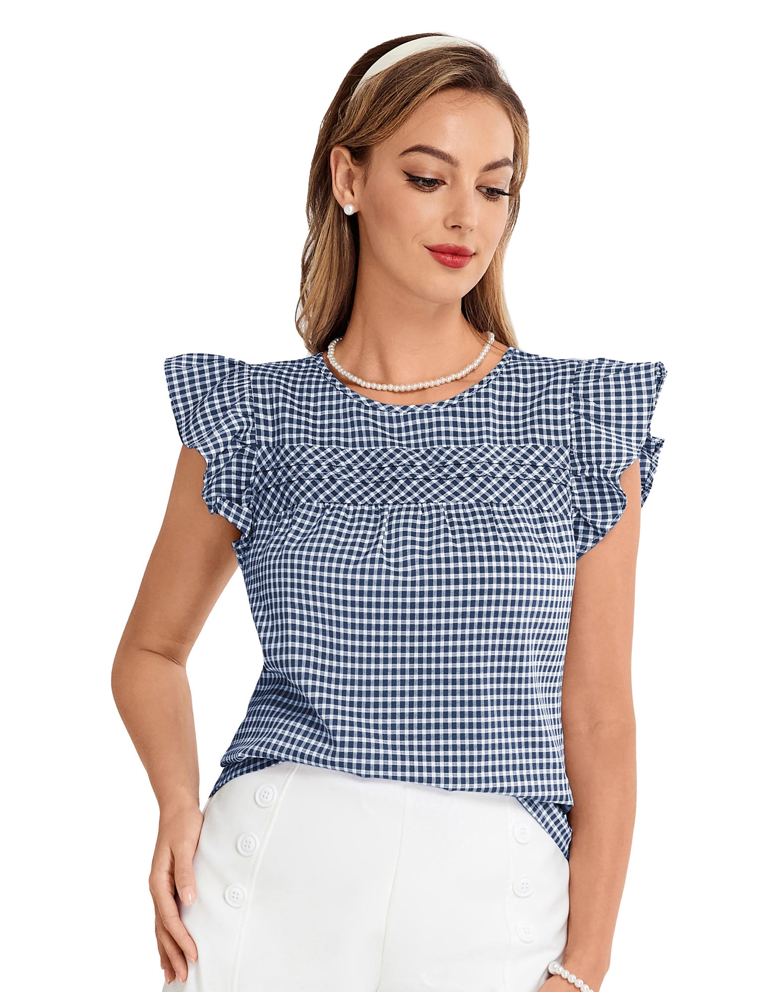 belle poque BP Women Vintage Plaided Tops Flutter Sleeve Crew Neck Keyhole Back Tops Black