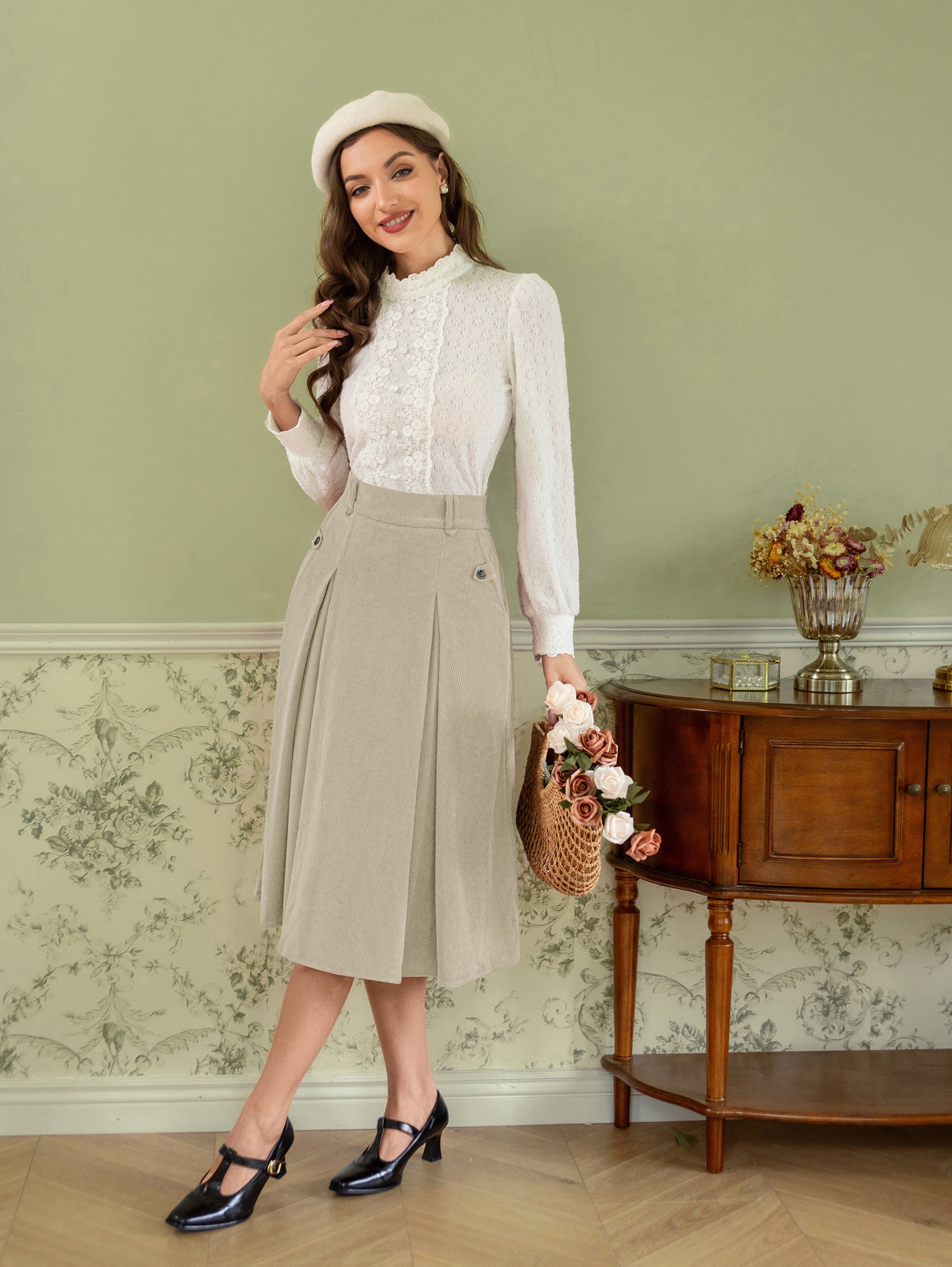 belle poque Vintage Swing Skirt Elastic Waist Flared A-Line Mid-Calf Skirt