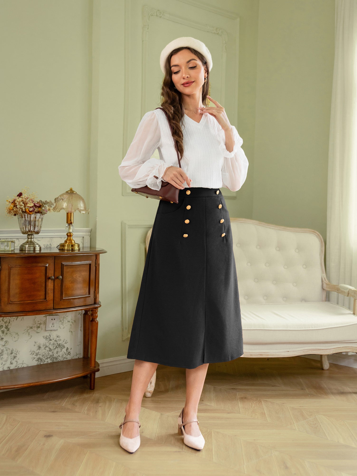 belle poque Vintage Front Slit Skirt Elastic Waist Button Decorated A-Line Skirt