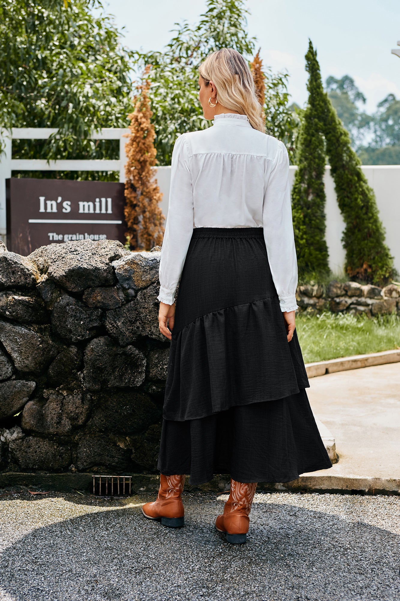 belle poque BP Women Vintage 2-Layer Swing Skirt Elastic High Waist Maxi Skirt