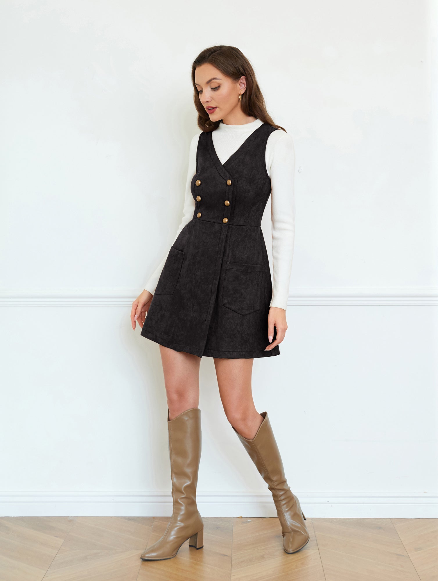 belle poque Vintage Faux Suede Dress Sleeveless V-Neck Elastic Waist A-Line Dress