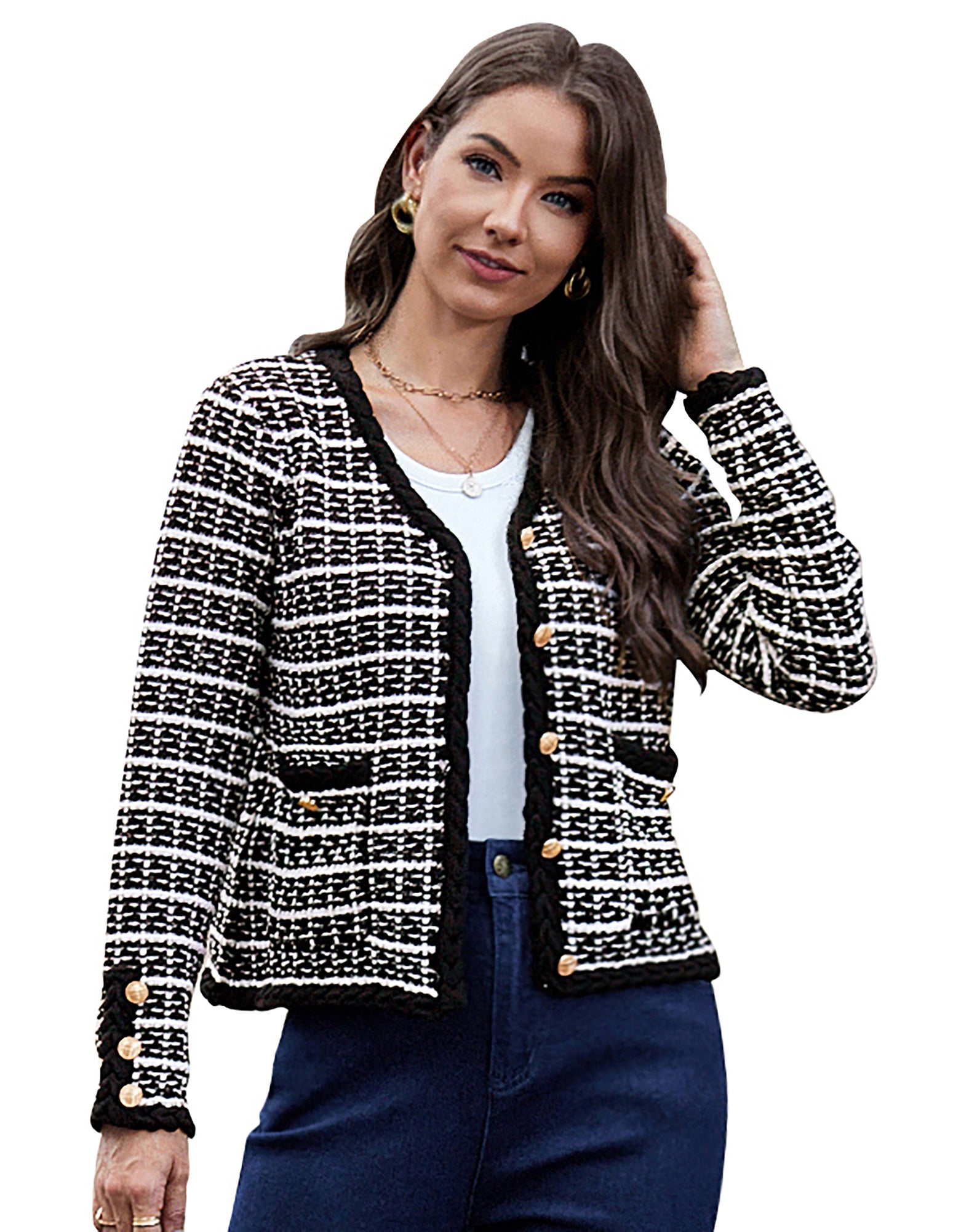 belle poque Contrast Color Cardigan Long Sleeve V-Neck Cable Knitted Sweater