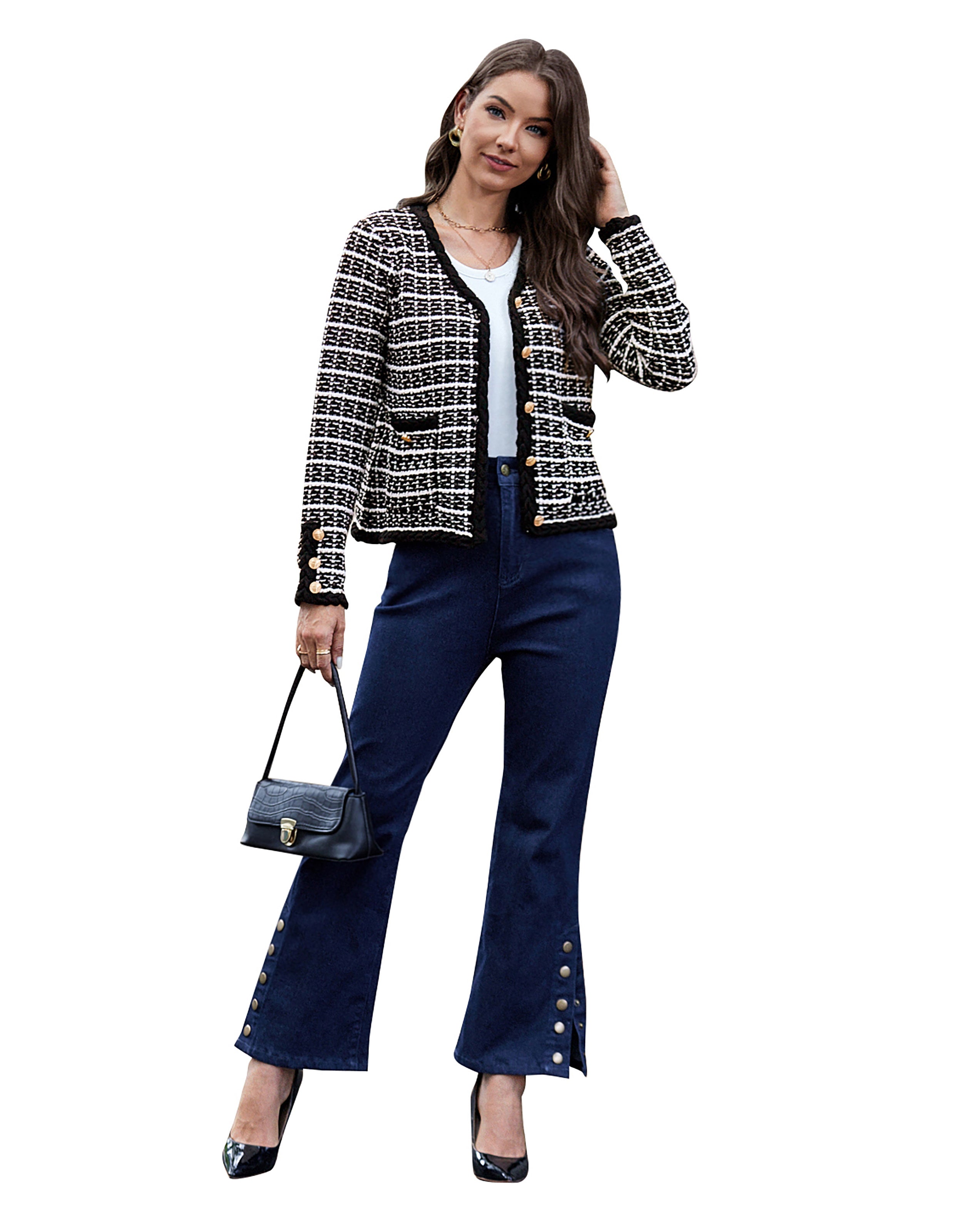 belle poque Contrast Color Cardigan Long Sleeve V-Neck Cable Knitted Sweater