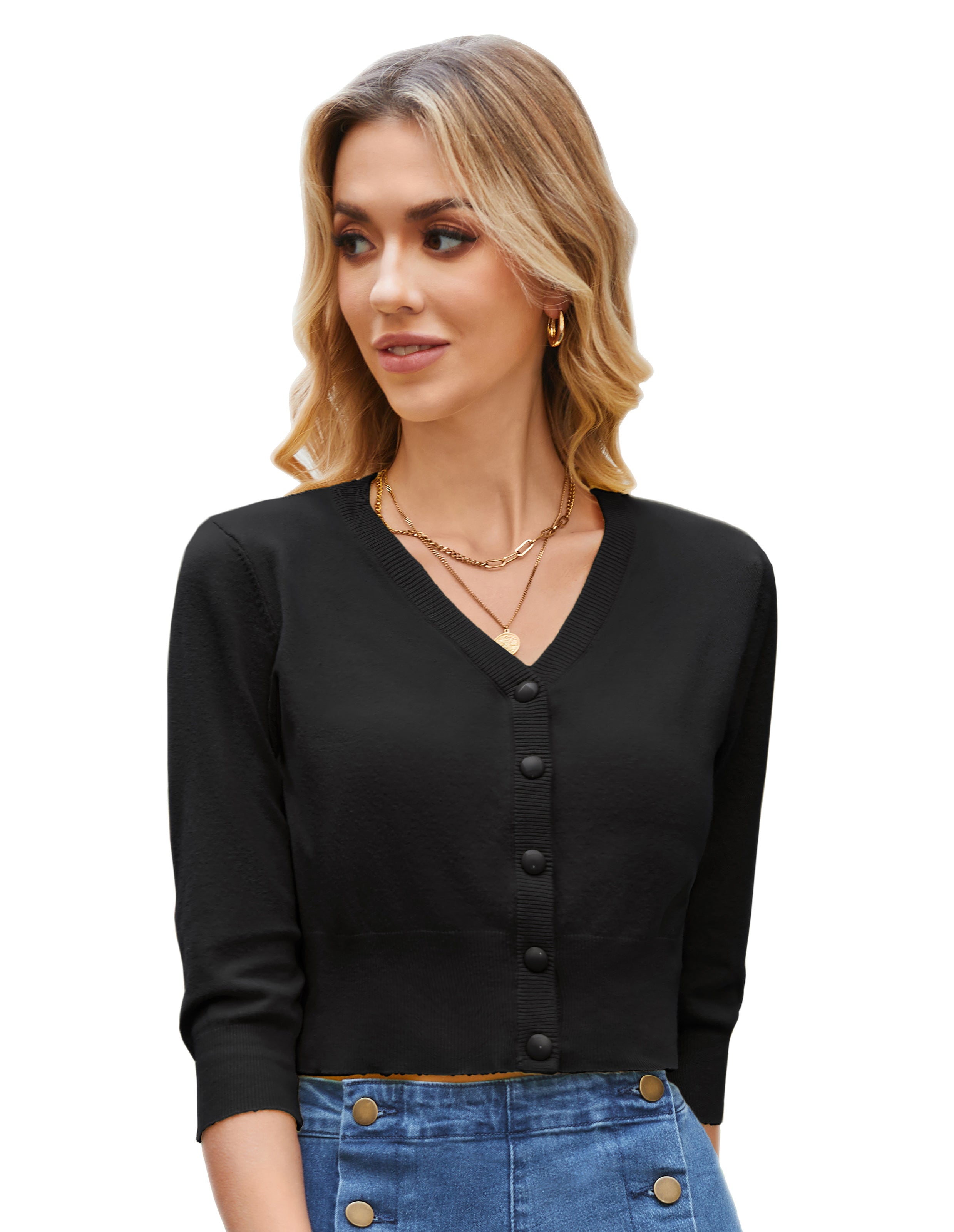 belle poque Cropped Cardigan 3/4 Sleeve V-Neck Button-up Sweater Knitwear