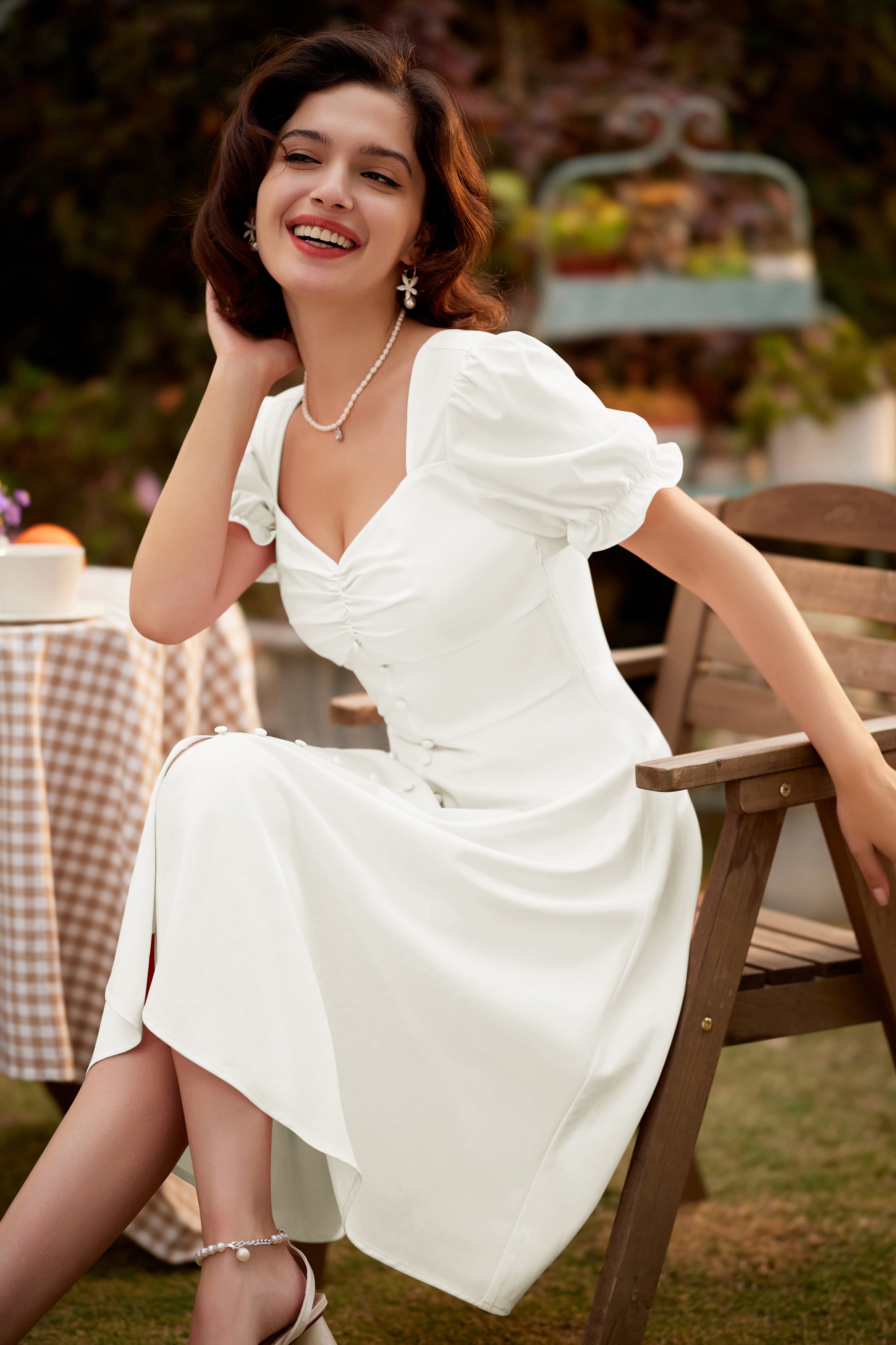 belle poque Vintage Buttons Decorated Dress Short Sleeve Square V-Neck A-Line Dress