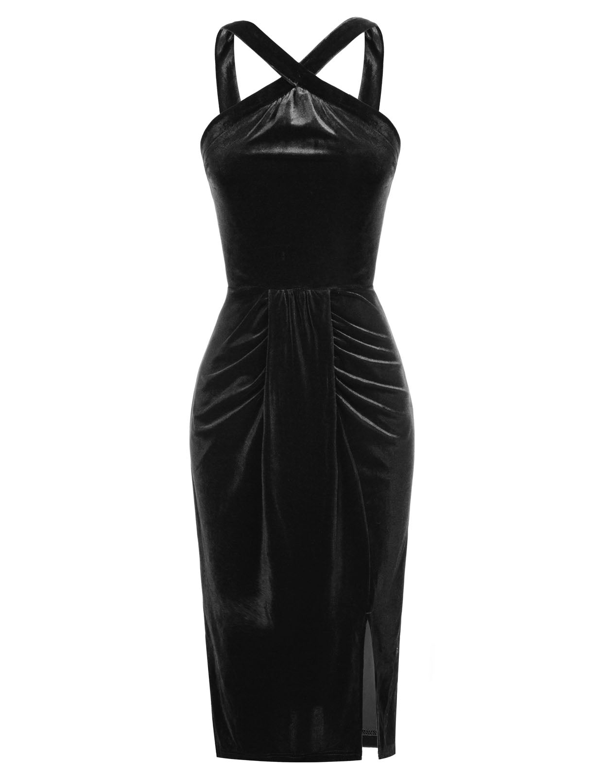 belle poque Vintage Front Slit Velvet Dress Halterneck Ruched Bodycon Dress Black