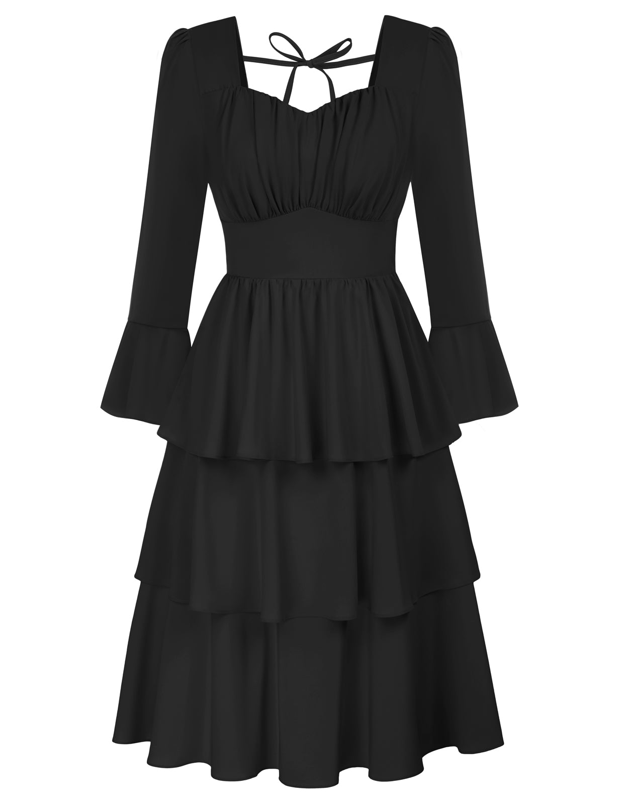 belle poque Vintage 3-Layer Cake Dress Long Sleeve Square V-Neck A-Line Midi Dress Black S