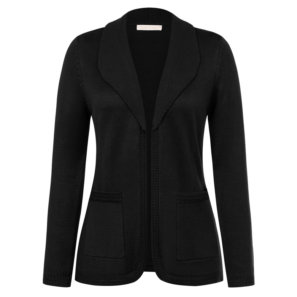 belle poque Vintage Cardigan Sweater Blazer V Neck Shawl Lapel Collar with Pockets Black