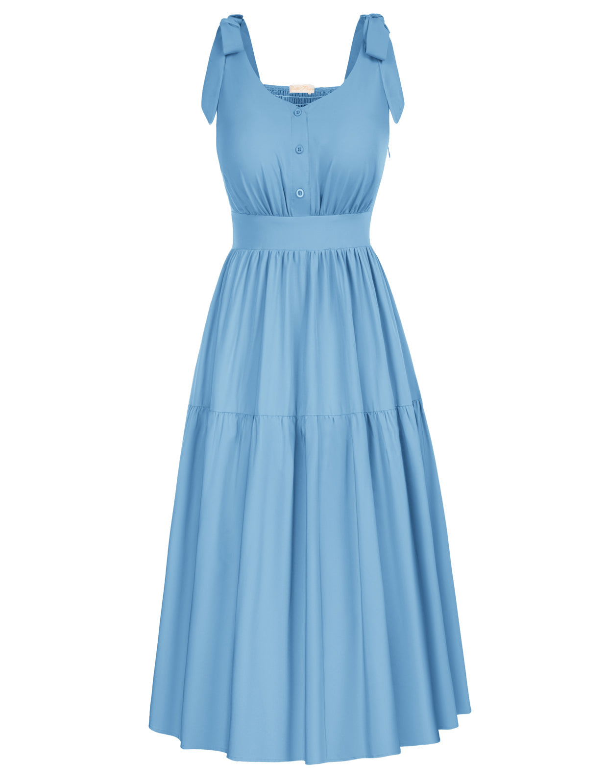 belle poque Sunflower Printed Tiered Midi Dress Sleeveless V-Neck Defined Waist A-Line Dress Light Blue