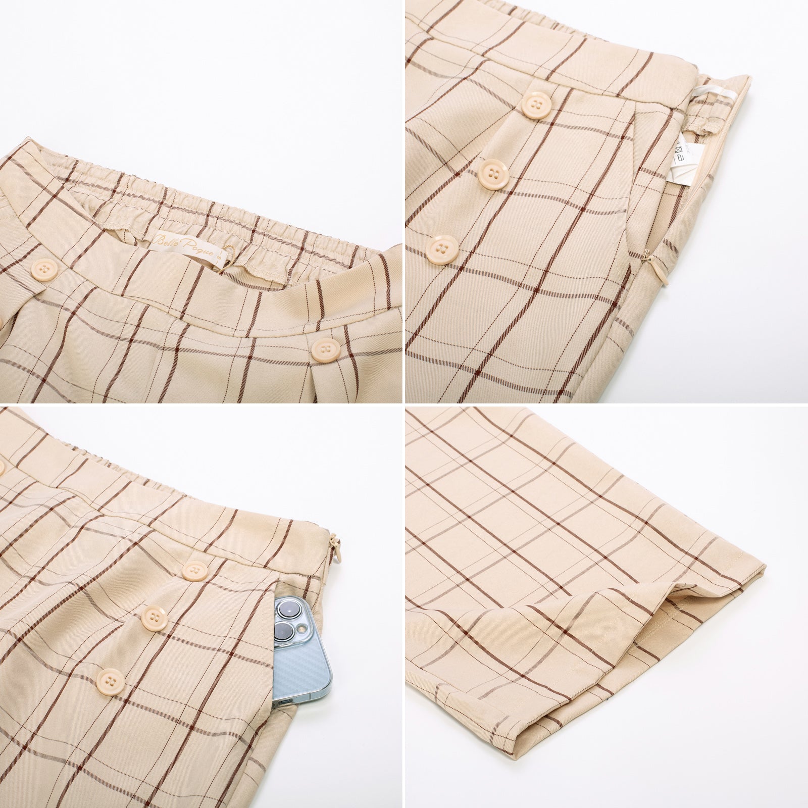 belle poque High Waisted Wide Leg Pants Button Decorated Casual Stretchy Trousers with Pockets