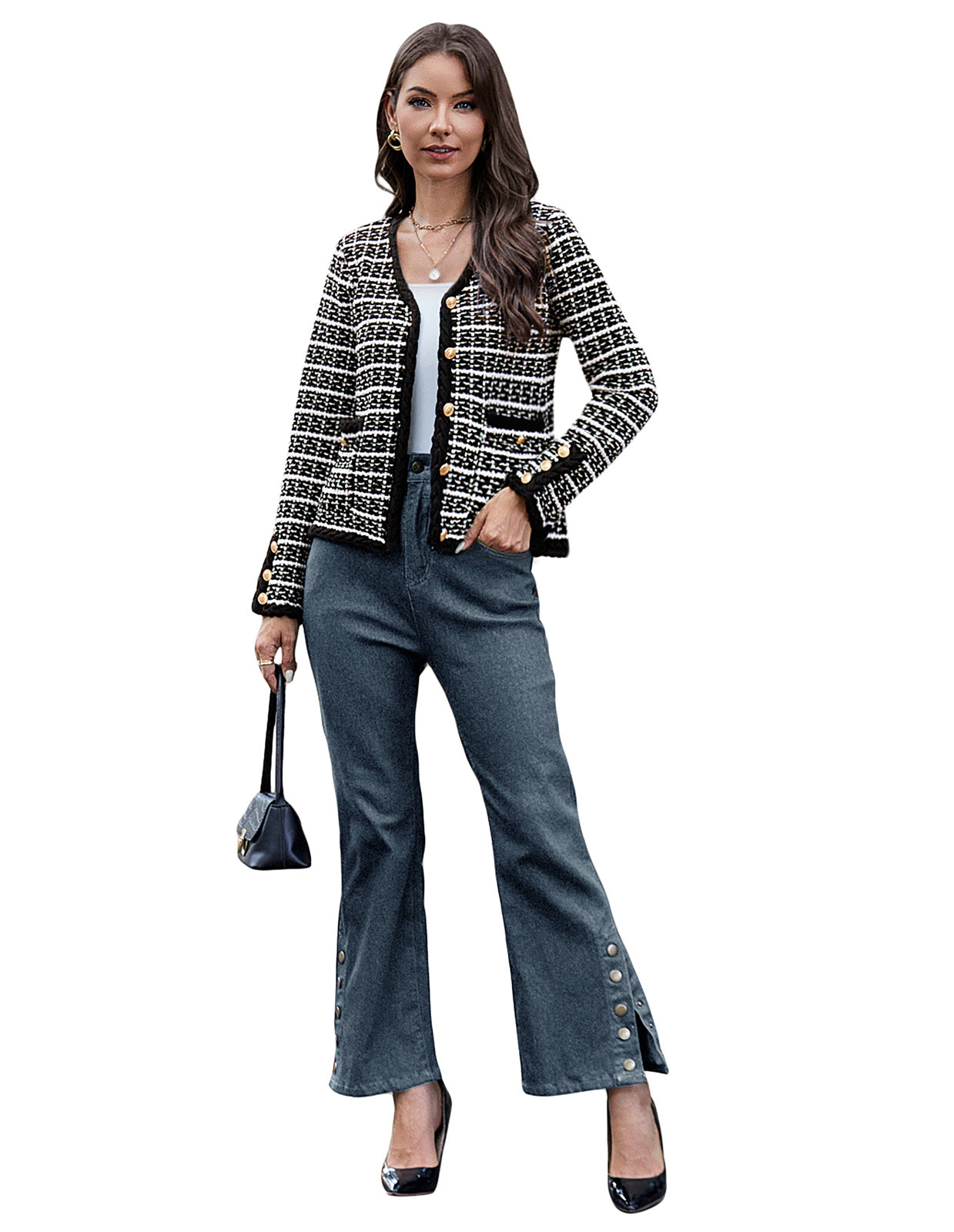 belle poque Contrast Color Cardigan Long Sleeve V-Neck Cable Knitted Sweater