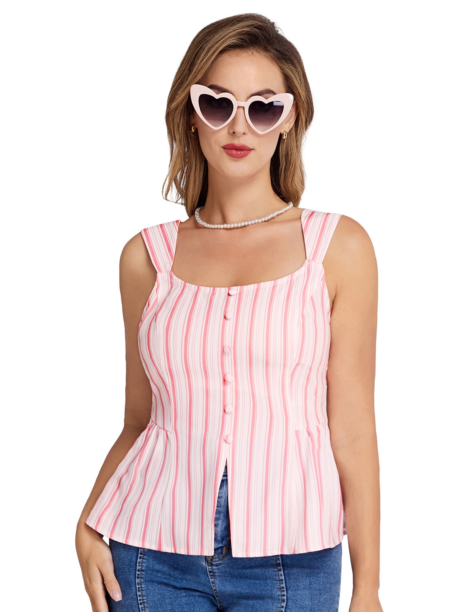 belle poque BP Women Vintage Striped Peplum Hem Tops Sleeveless Square Neck A-Line Tops Pink