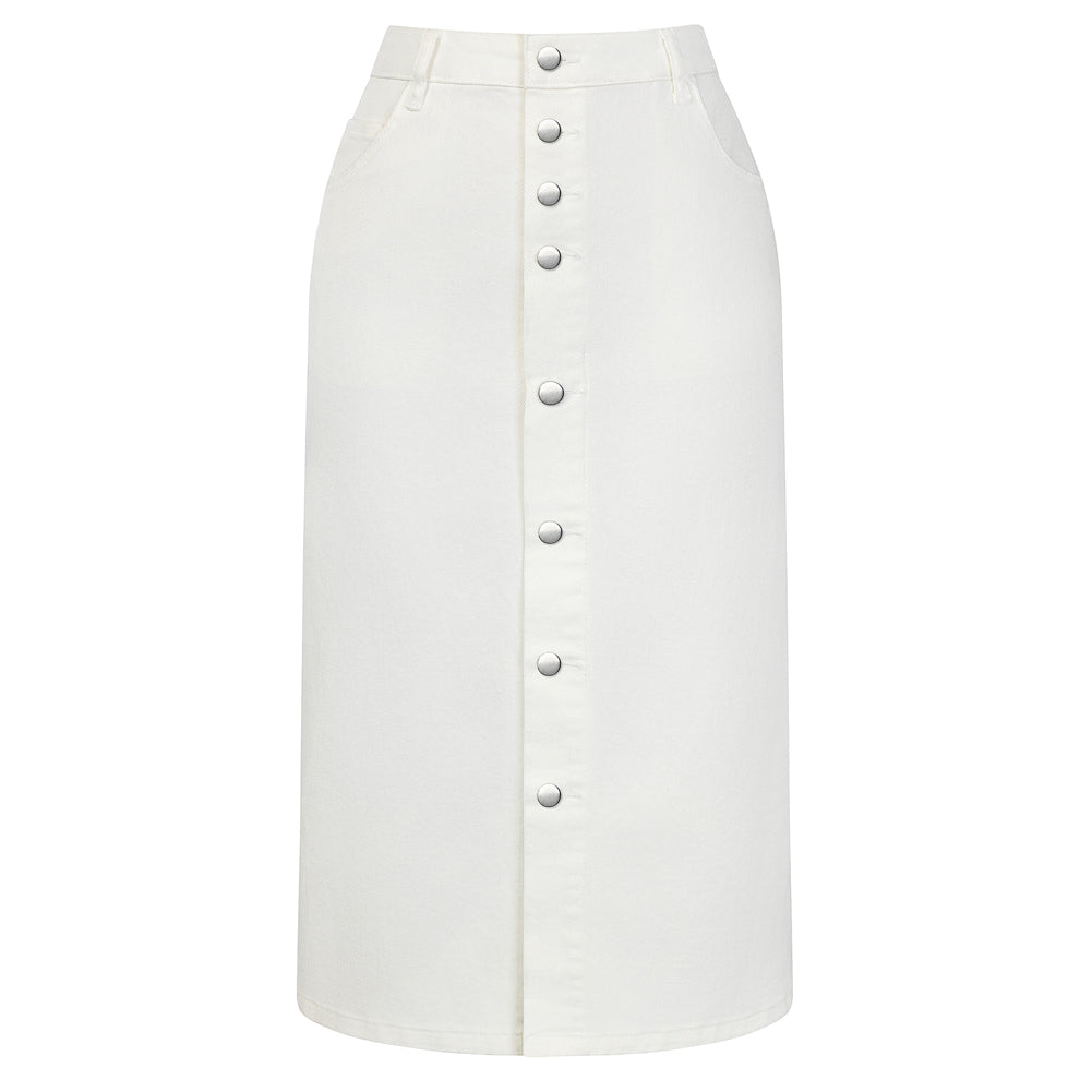 belle poque 1980s Vintage Jean Skirts for Women Front Slit Midi Work Skirt with Pockets White