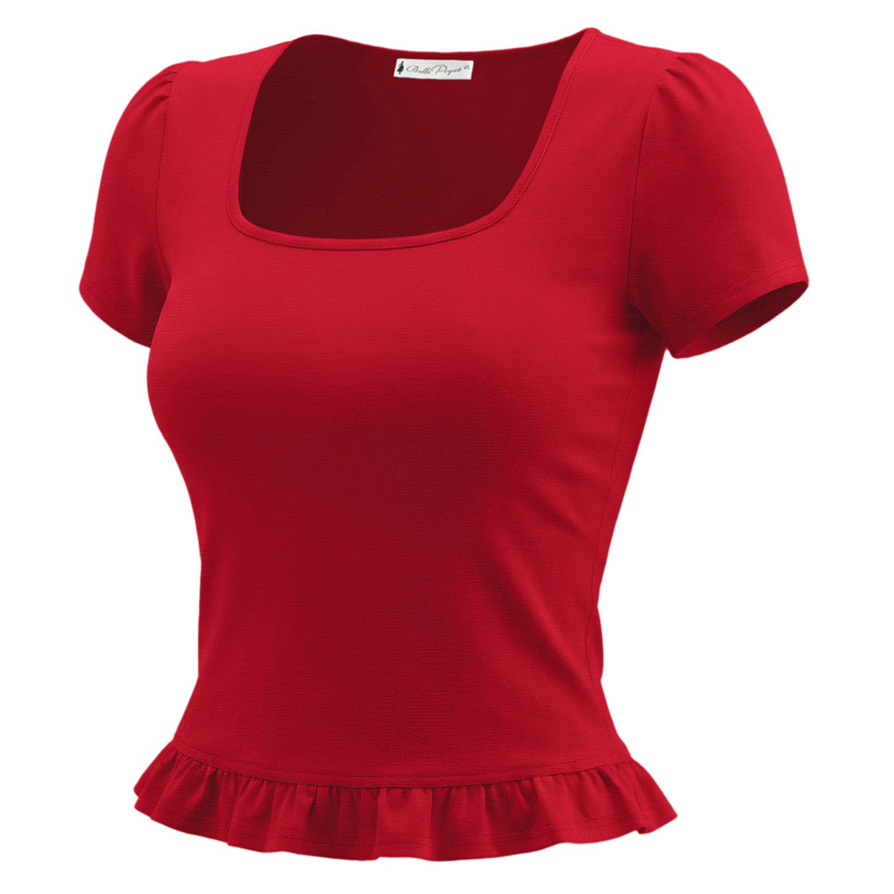 belle poque 2026 Spring Summer Ruffles Cute Tops for Women Short Sleeve Crop Tops Red