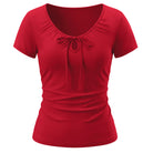 belle poque 2026 Women's Tops Pleated Bow Tie Front Shirts Spring Summer Casual Knit Top Red
