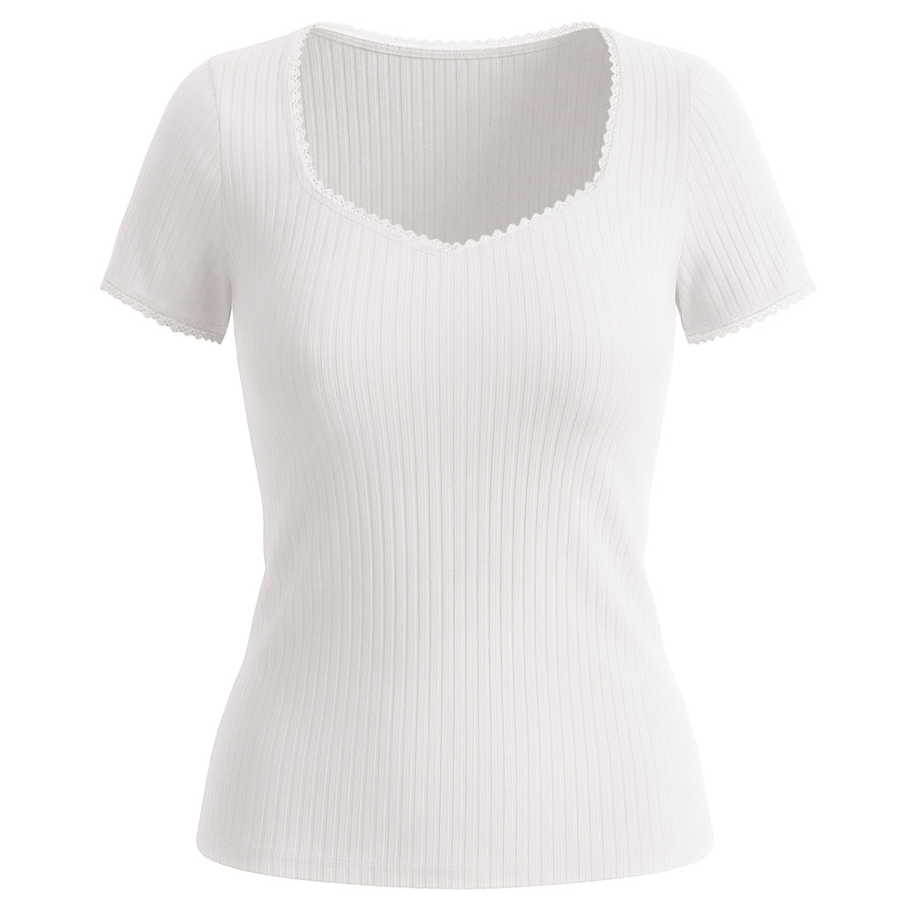 belle poque Women's Lace Trim Tops Slim Fit Ribbed Knit Basic Tee Tops White
