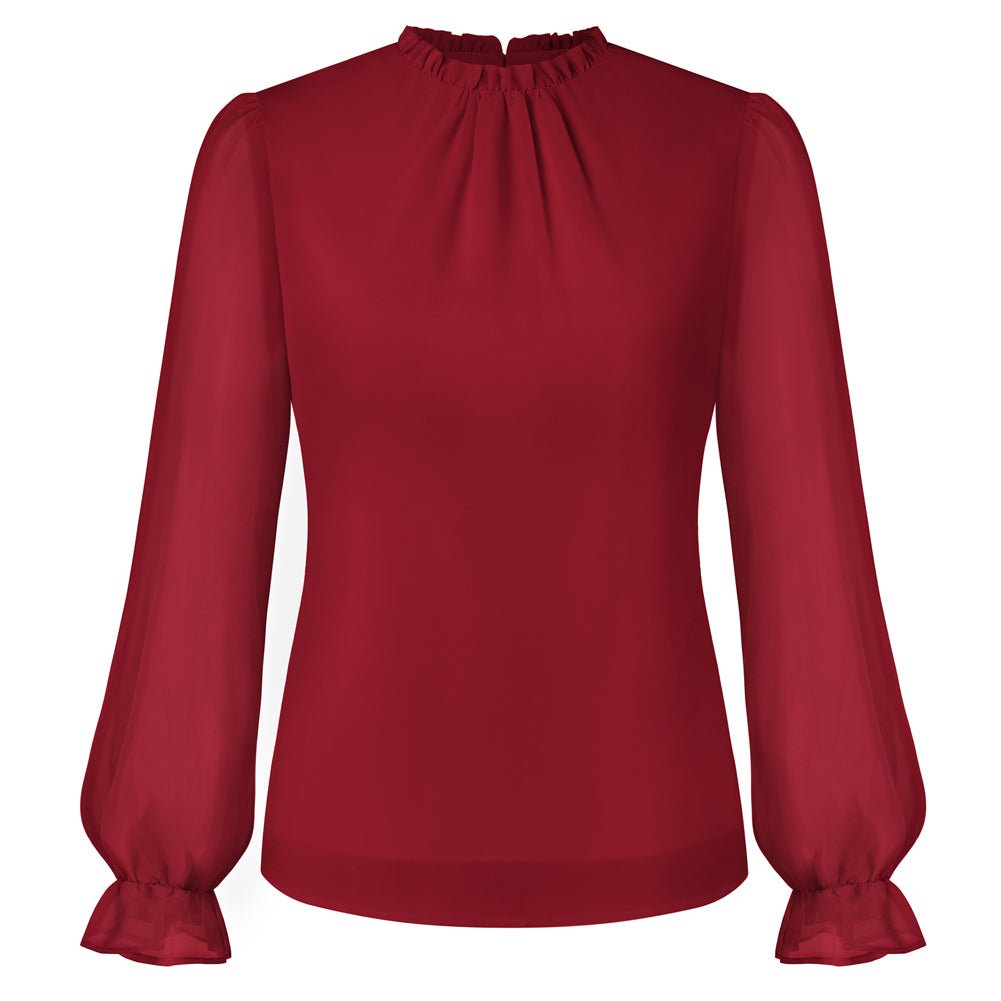 belle poque Belle Poque Women Vintage Chiffon Tops Long Sleeve Keyhole Back Pullover Tops Red