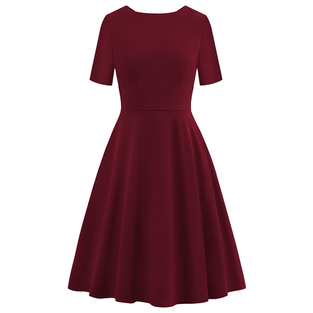 belle poque 1950s Vintage Work Dresses for Women V-Back Cocktail Dress with Pockets Wine