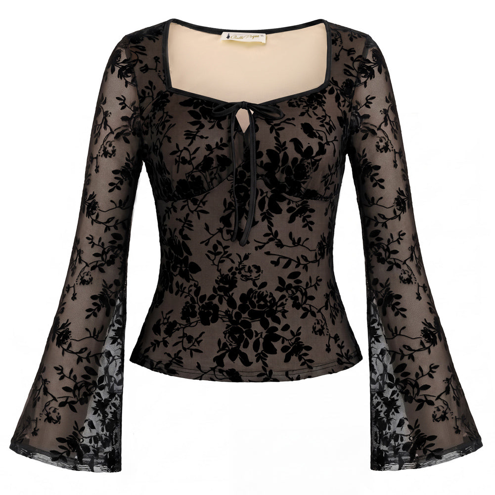Women Vintage Date Tops Long Sleeve Mesh Lace Tops