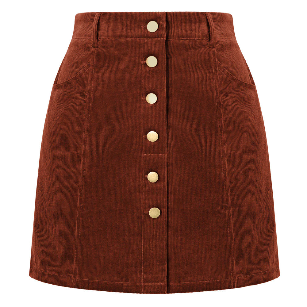belle poque Womens Corduroy Short Mini Skirt Button A-Line Casual Fall Skirts with Pockets Orange