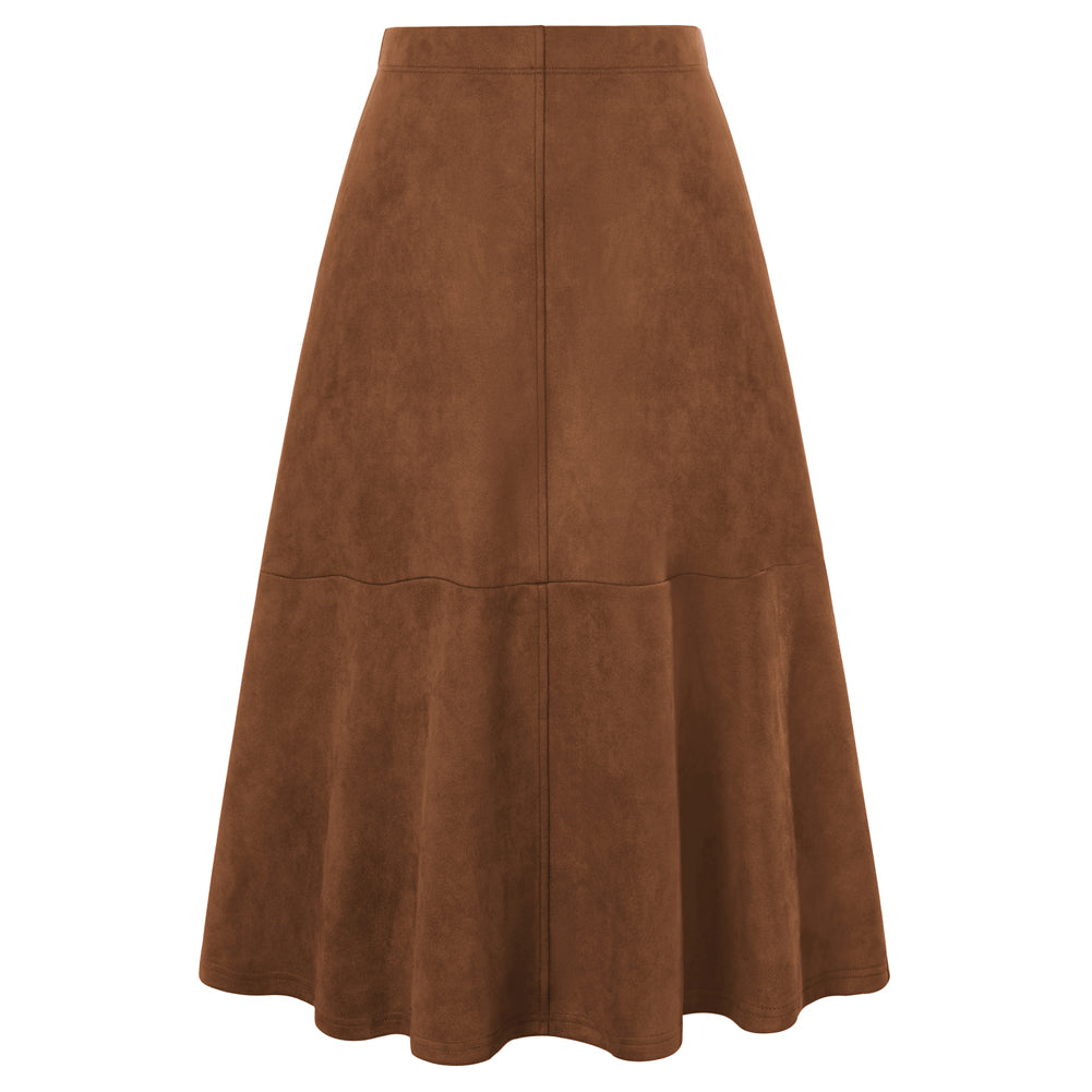 belle poque 1980s Vintage Women's Suede Skirts High Waist A Line Business Work Midi Skirt Brown