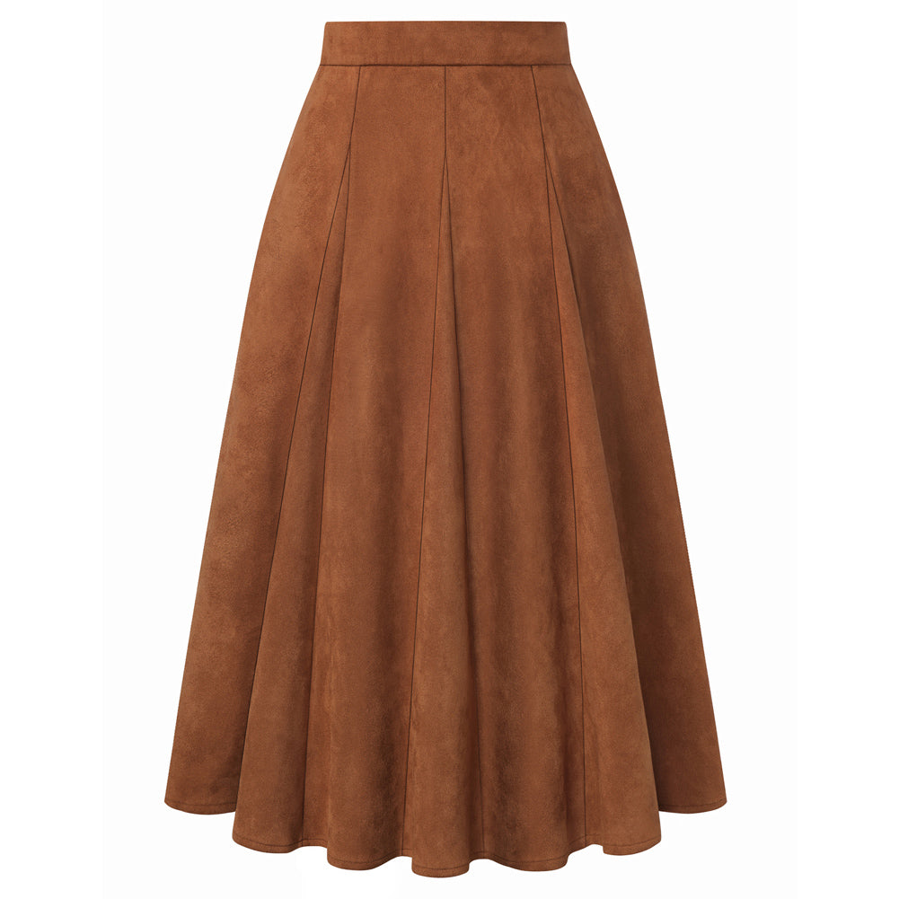 belle poque Women Vintage Skirt Elastic Waist Mid-Calf Length A-Line Skirt Dark Brown