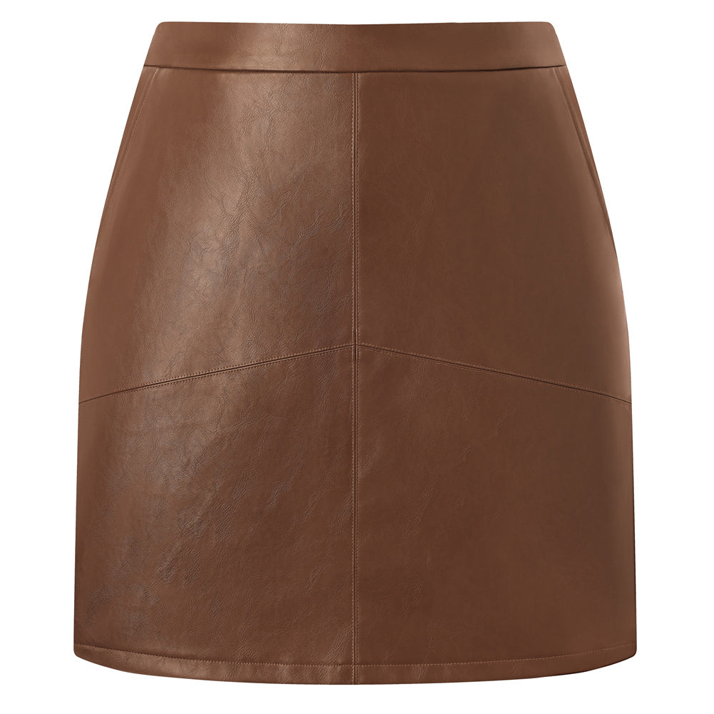 belle poque Women's Leather Mini Skirt with Pockets for Going Out Business Holidays Brown