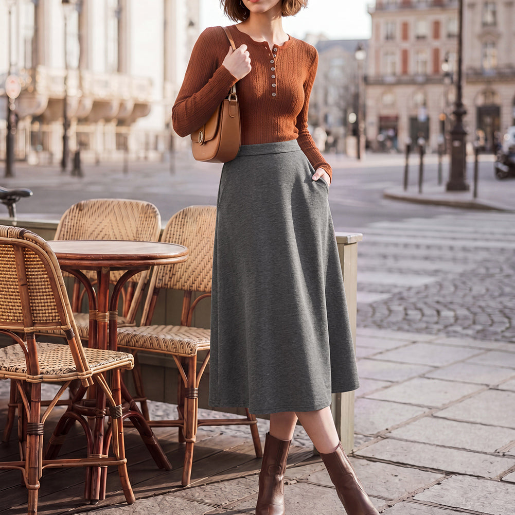 belle poque 1980s Vintage A-Line Midi Skirt Work Business Skirts with Pockets