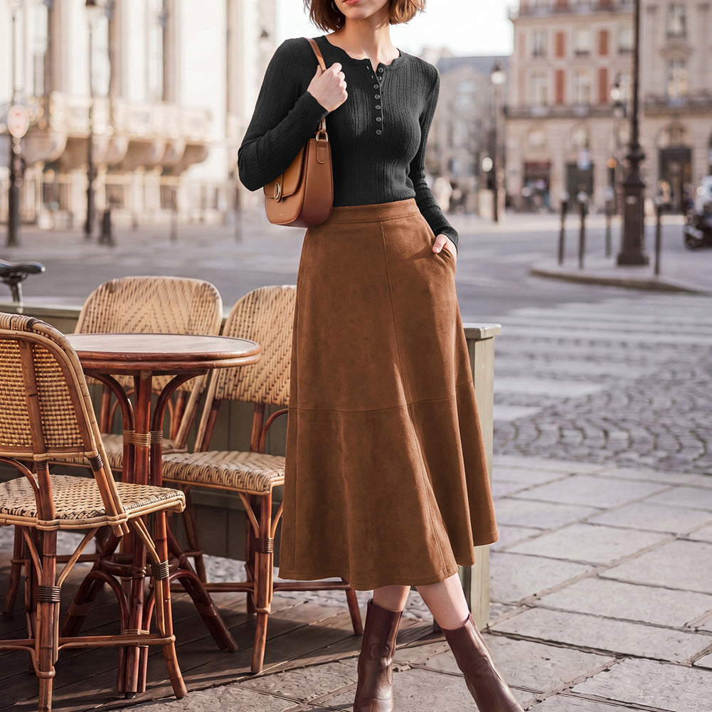 belle poque 1980s Vintage Women's Suede Skirts High Waist A Line Business Work Midi Skirt