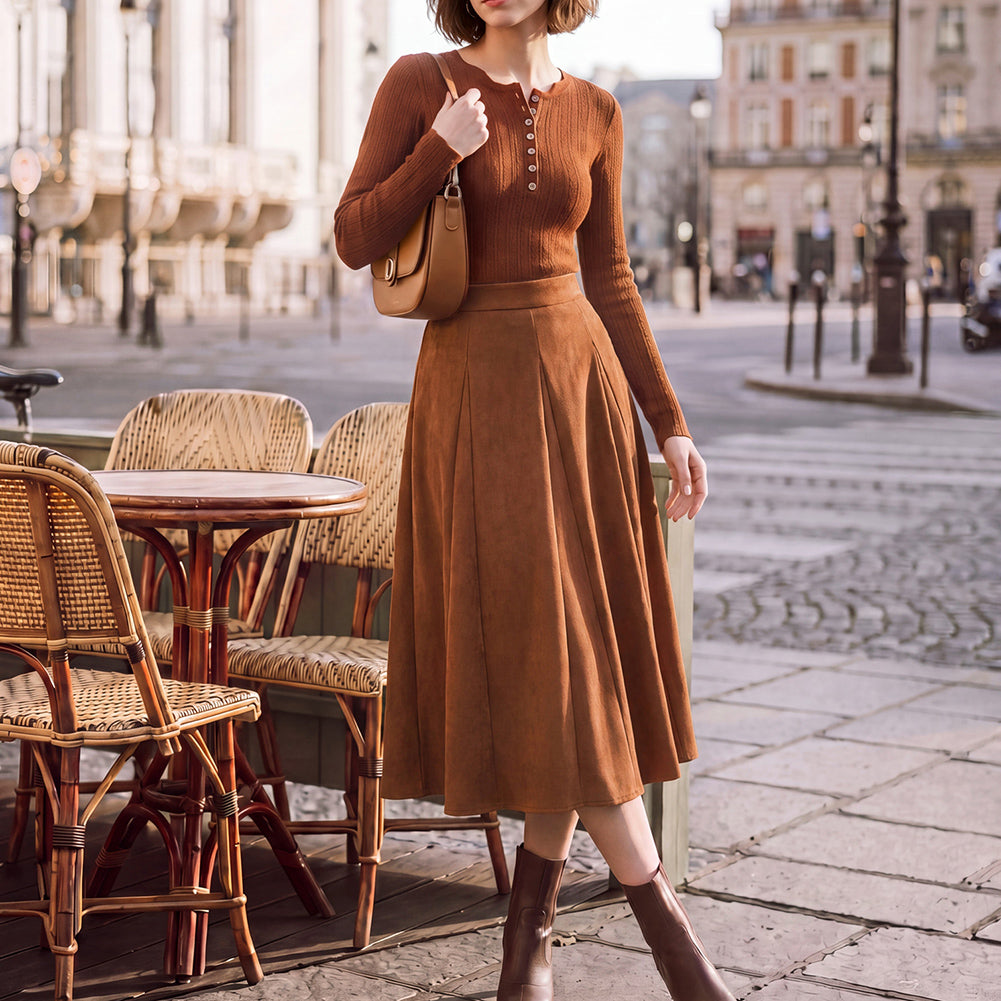 belle poque Women Vintage Skirt Elastic Waist Mid-Calf Length A-Line Skirt