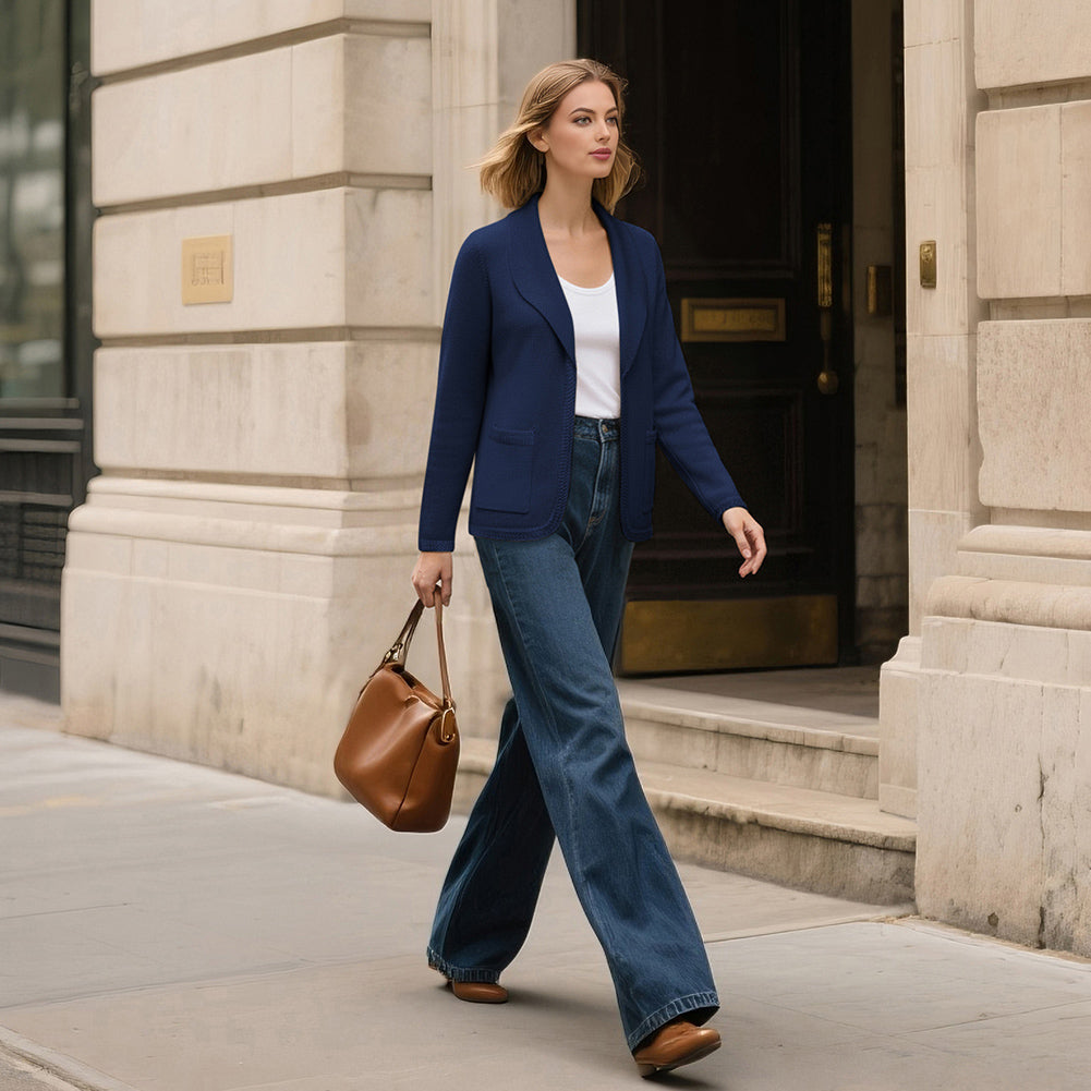 belle poque Vintage Cardigan Sweater Blazer V Neck Shawl Lapel Collar with Pockets