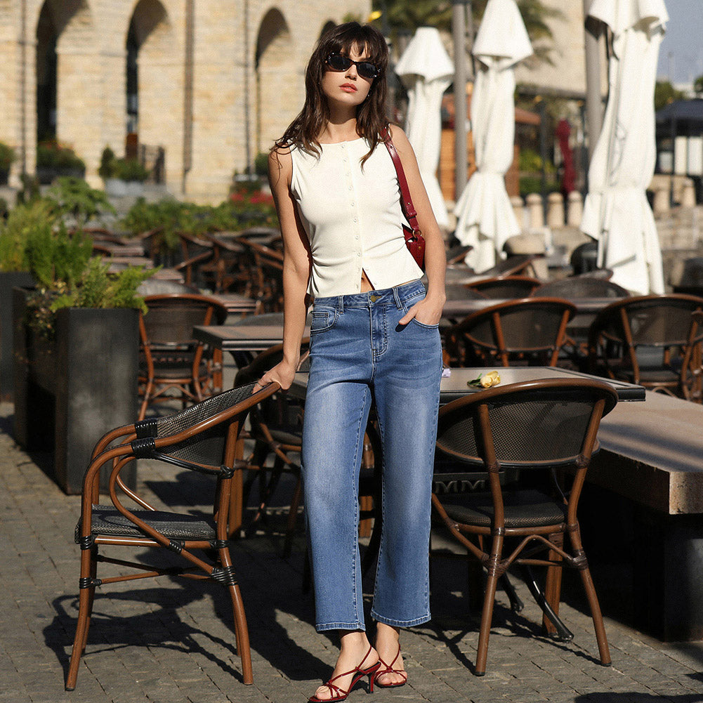 belle poque Women Wide Leg Jeans Mid Rise Straight Leg Ankle Jeans with Pockets