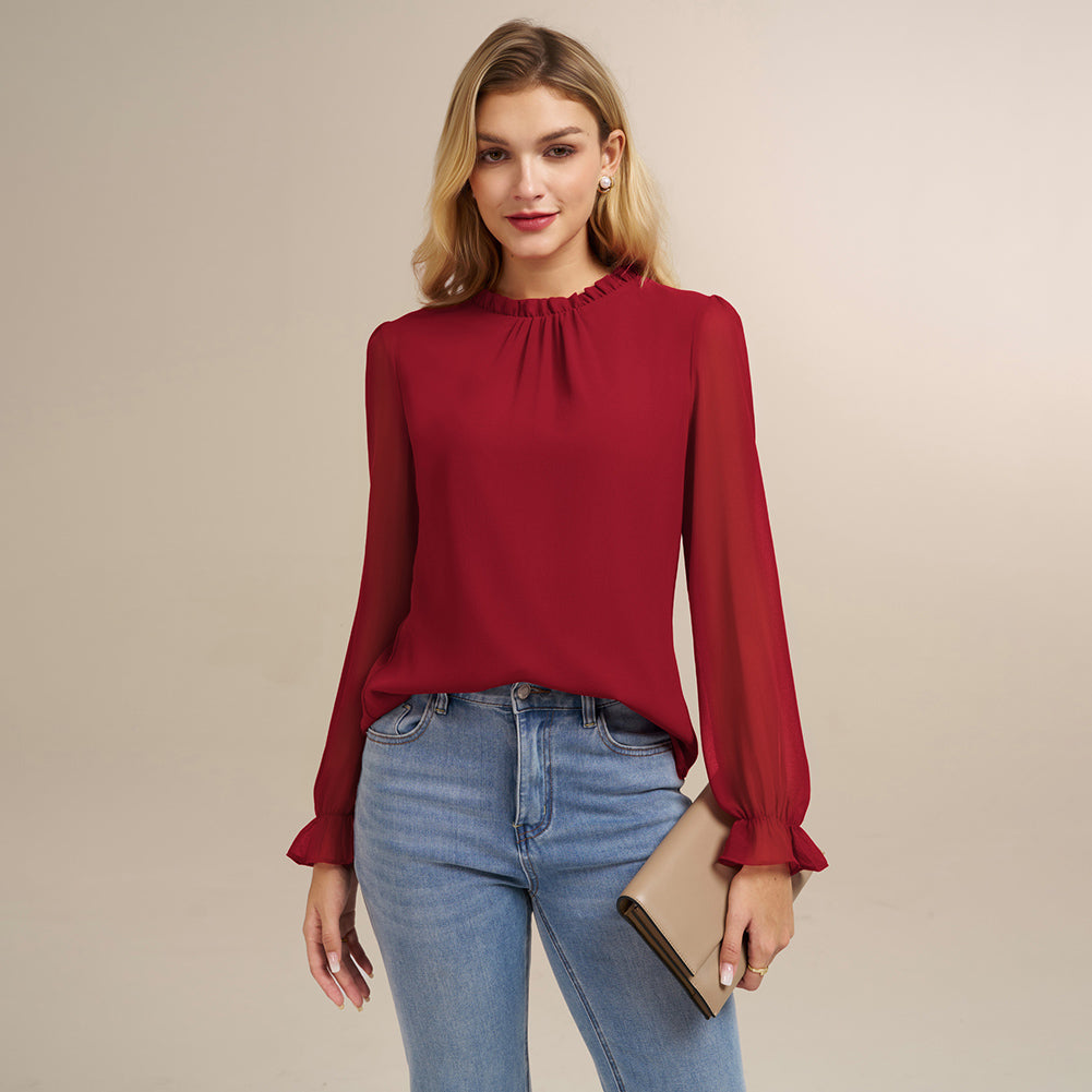 belle poque Belle Poque Women Vintage Chiffon Tops Long Sleeve Keyhole Back Pullover Tops