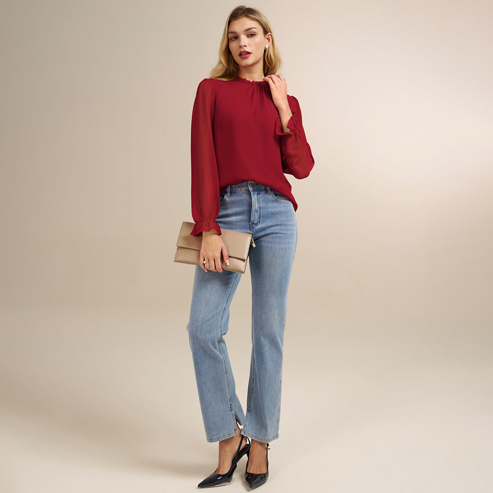 belle poque Belle Poque Women Vintage Chiffon Tops Long Sleeve Keyhole Back Pullover Tops
