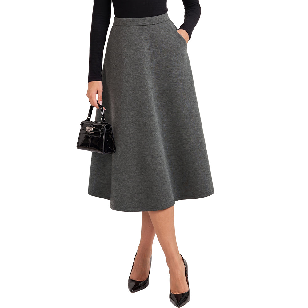 belle poque 1980s Vintage A-Line Midi Skirt Work Business Skirts with Pockets Dark Gray