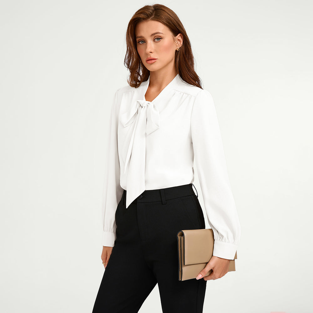 belle poque Women Vintage Long Sleeve Bow-Knot Decorated Button-up Tops