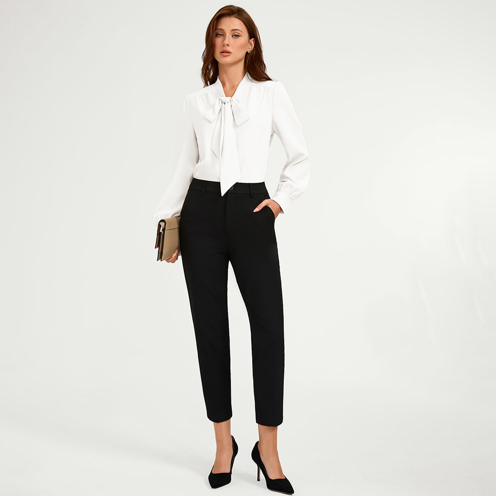 belle poque Women Vintage Long Sleeve Bow-Knot Decorated Button-up Tops