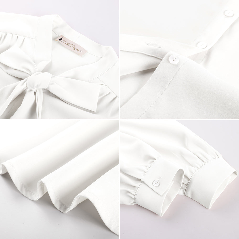 belle poque Women Vintage Long Sleeve Bow-Knot Decorated Button-up Tops
