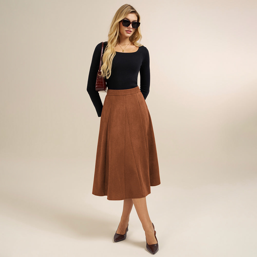 belle poque Women Vintage Skirt Elastic Waist Mid-Calf Length A-Line Skirt