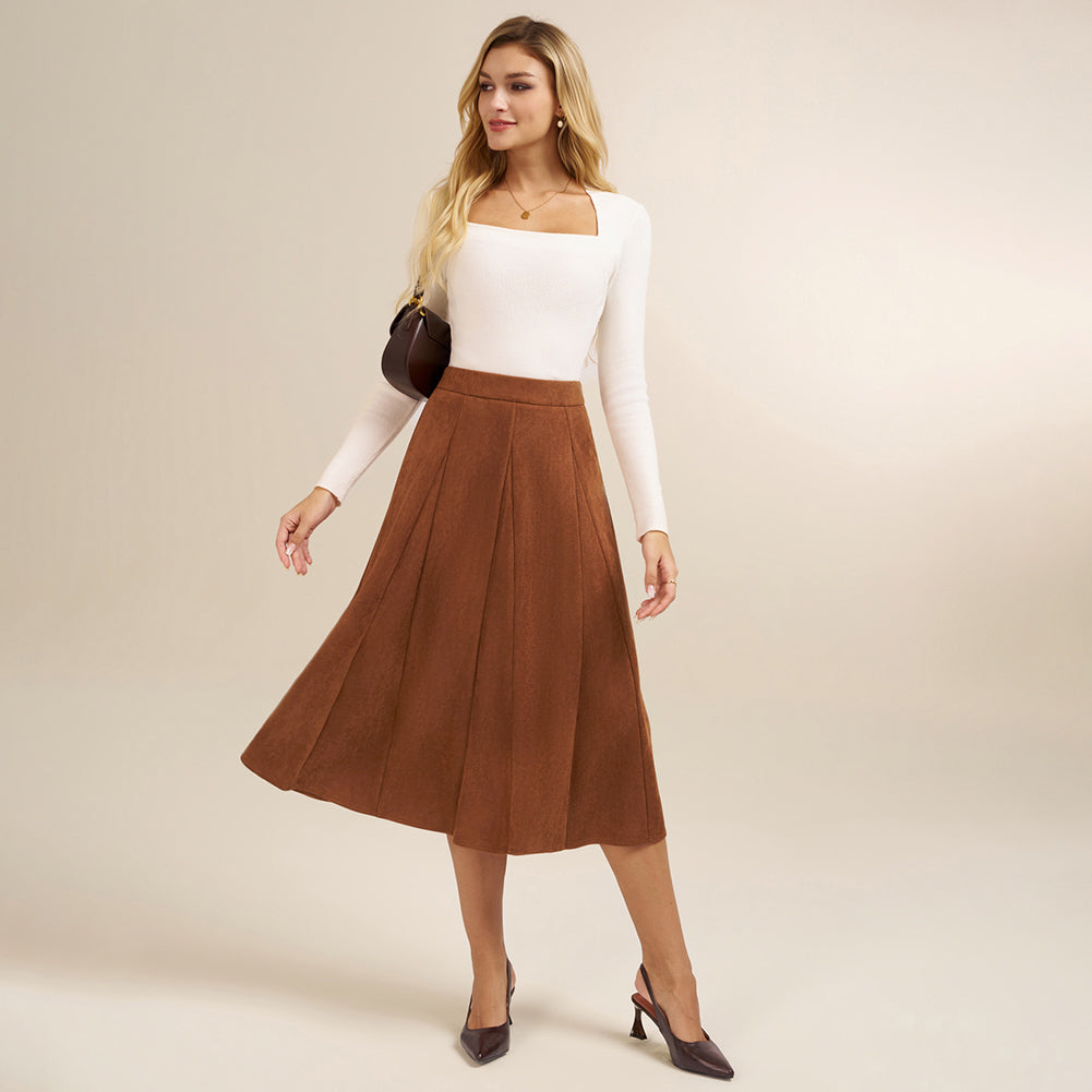 belle poque Women Vintage Skirt Elastic Waist Mid-Calf Length A-Line Skirt