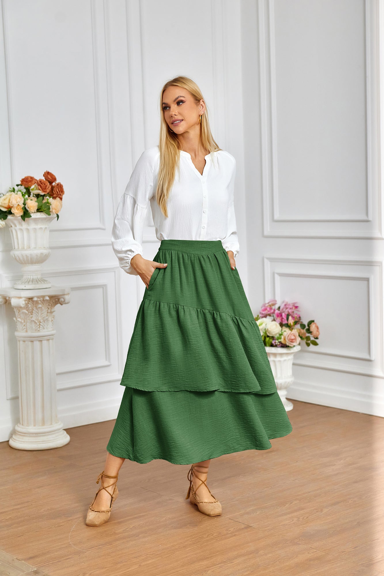 belle poque BP Women Vintage 2-Layer Swing Skirt Elastic High Waist Maxi Skirt