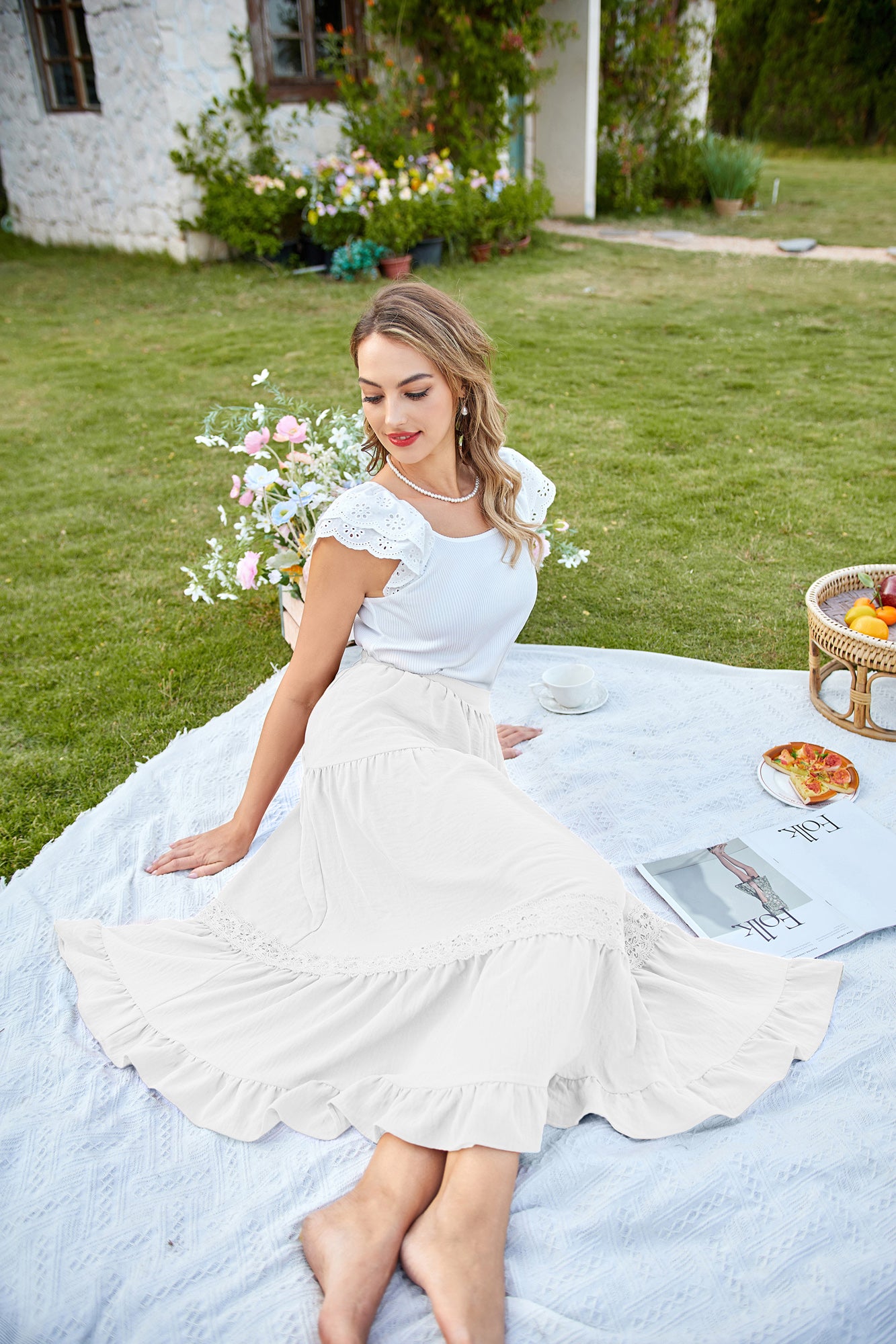 belle poque Women's Midi Skirt Boho Flowy Aline Ruffle Lace Tiered Skirt with Pockets 2025