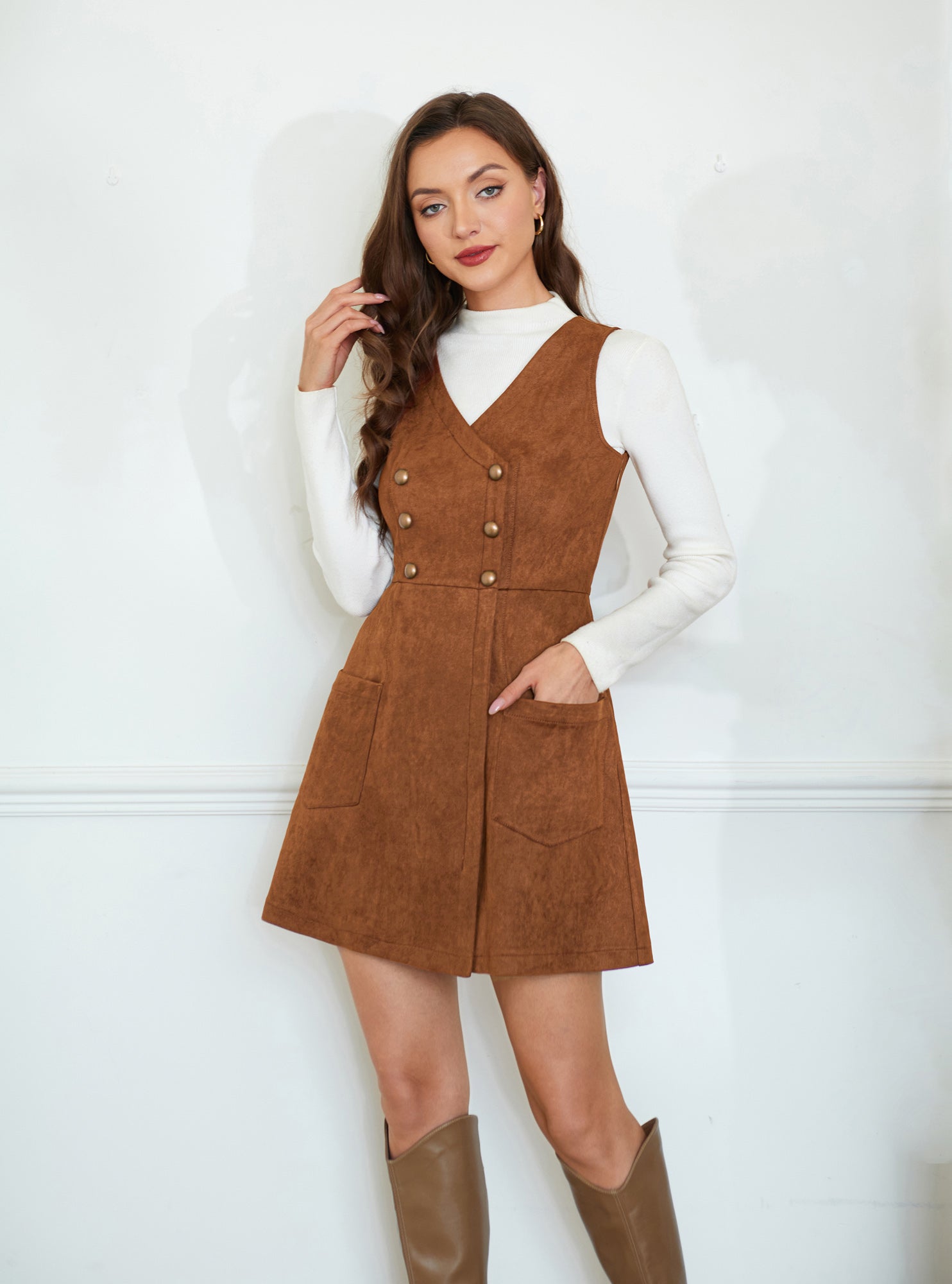 belle poque Vintage Faux Suede Dress Sleeveless V-Neck Elastic Waist A-Line Dress