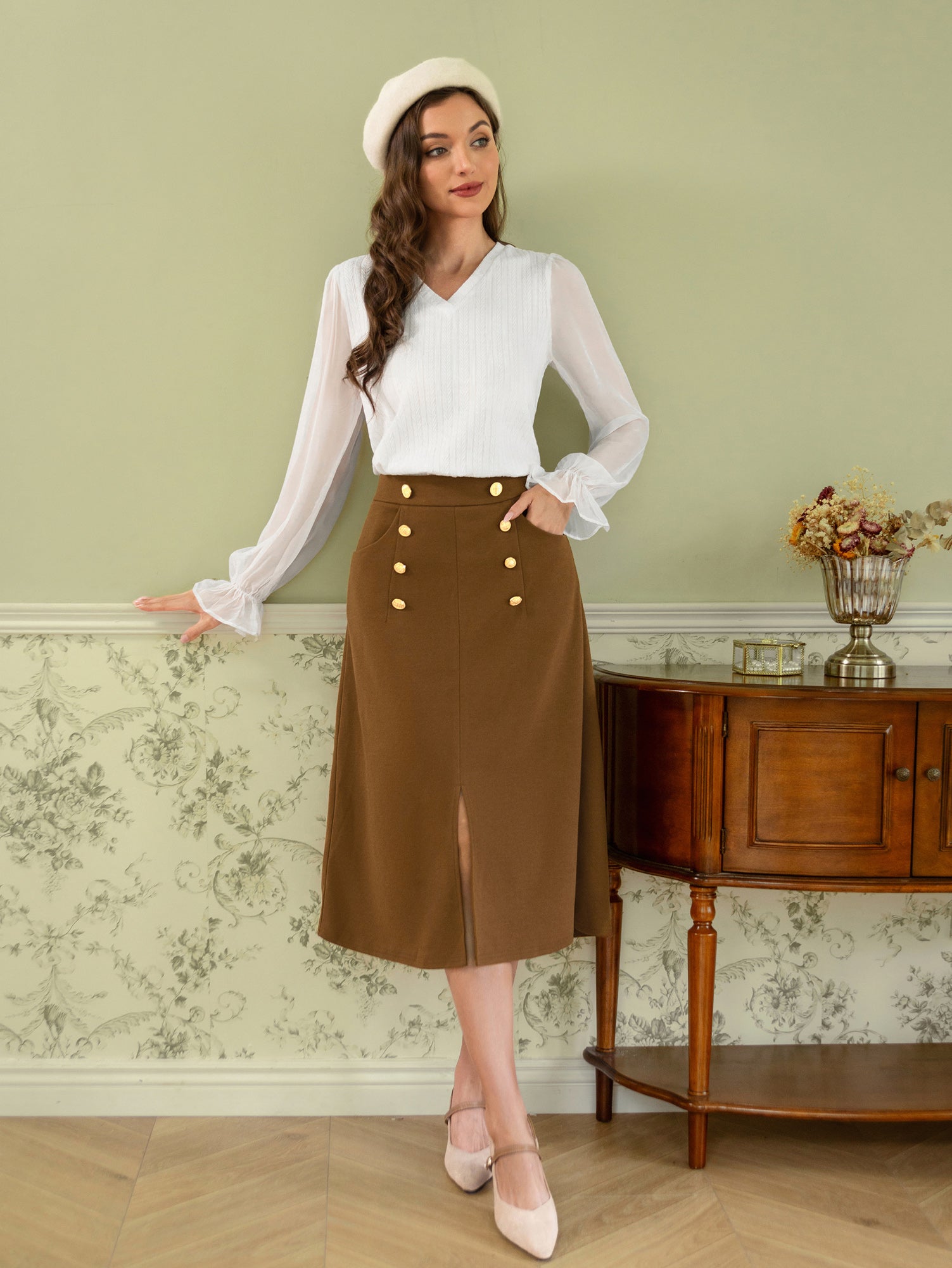 belle poque Vintage Front Slit Skirt Elastic Waist Button Decorated A-Line Skirt