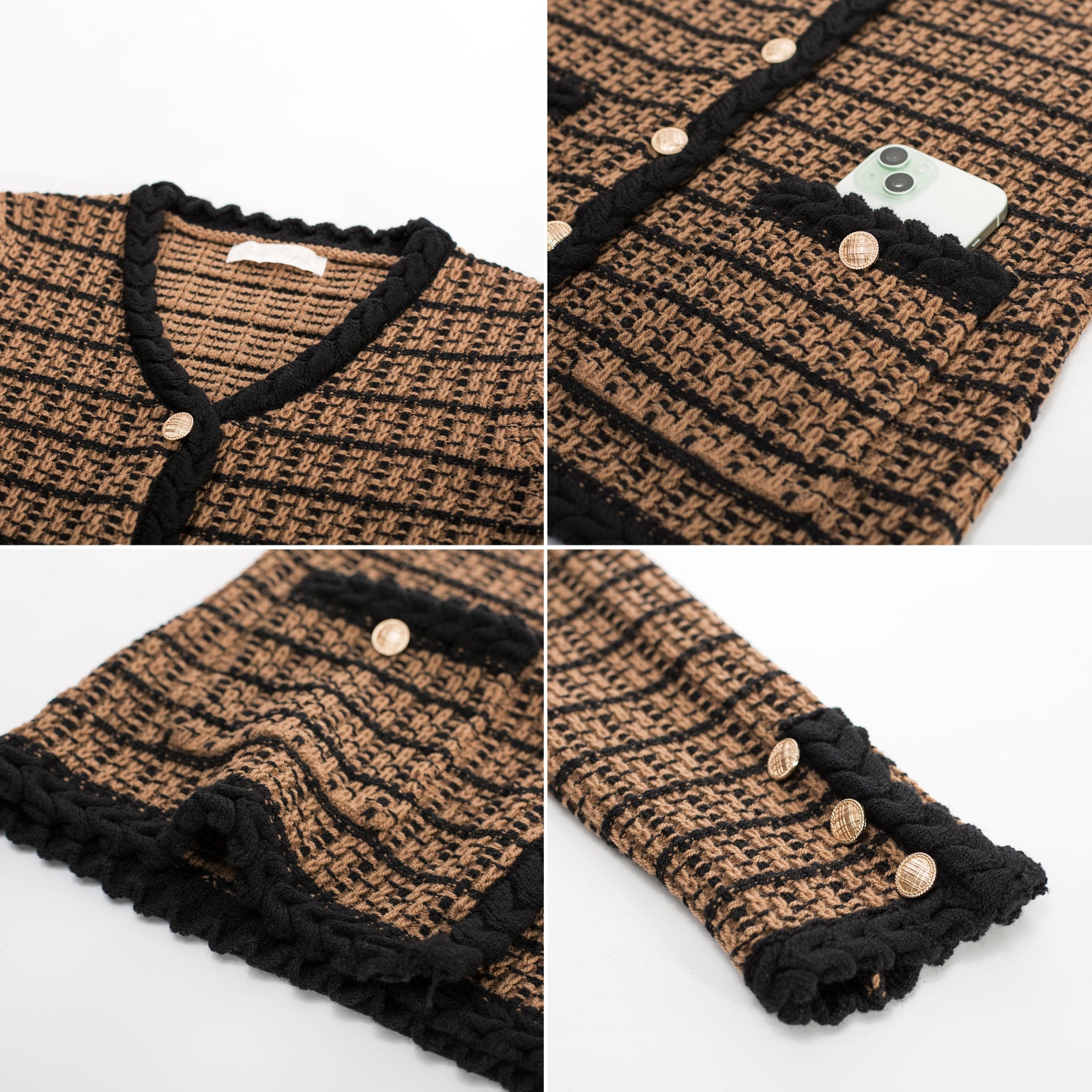 belle poque Contrast Color Cardigan Long Sleeve V-Neck Cable Knitted Sweater