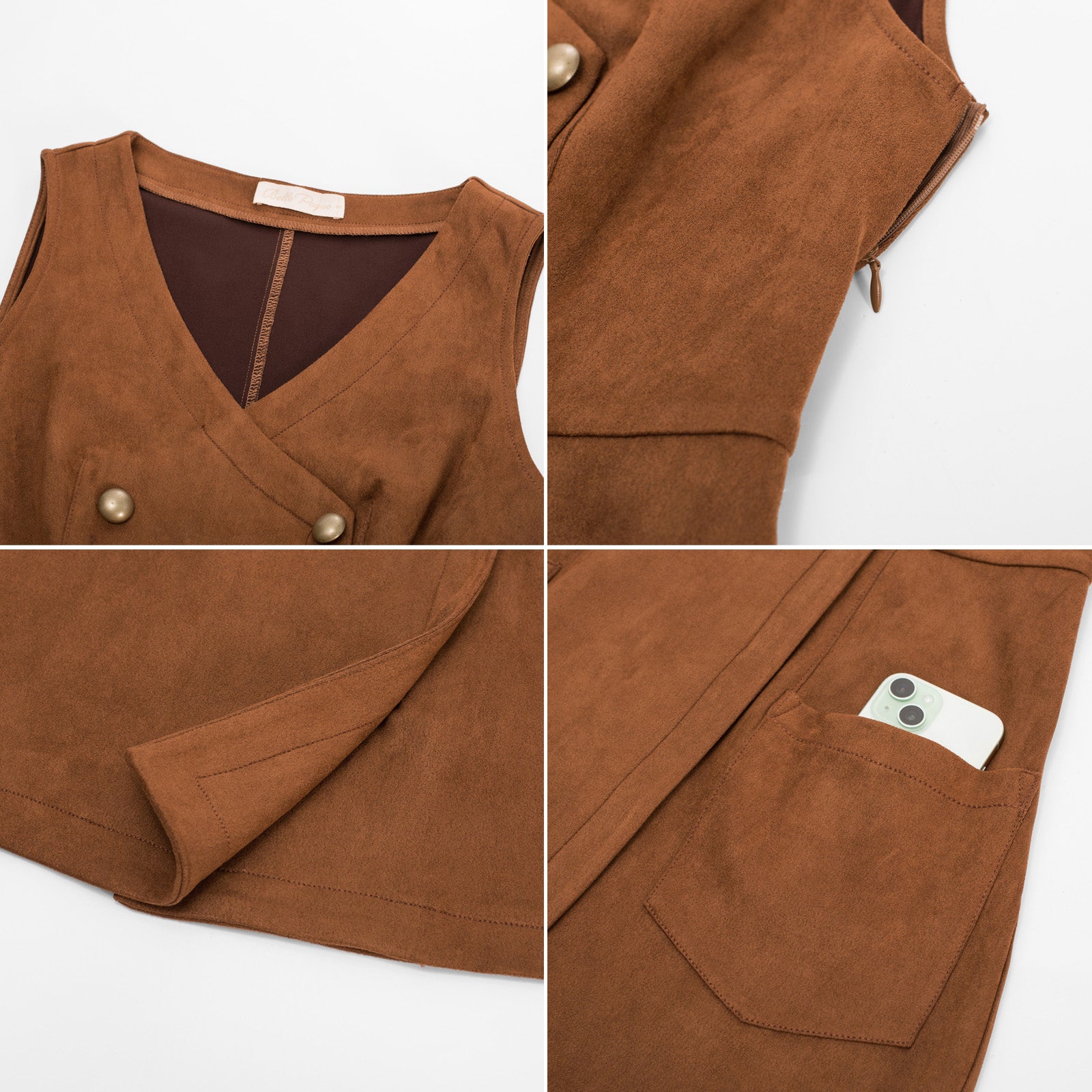 belle poque Vintage Faux Suede Dress Sleeveless V-Neck Elastic Waist A-Line Dress