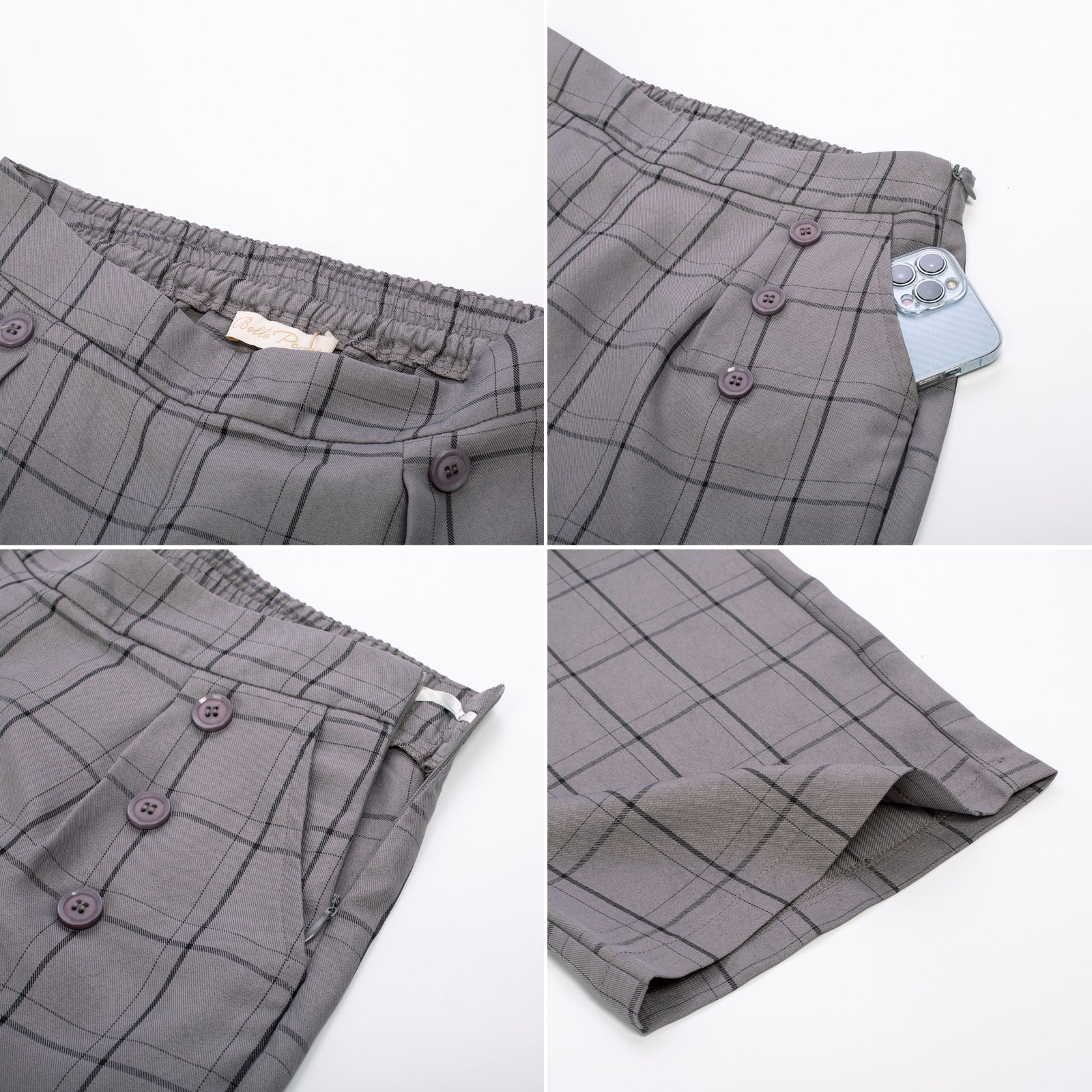 belle poque High Waisted Wide Leg Pants Button Decorated Casual Stretchy Trousers with Pockets