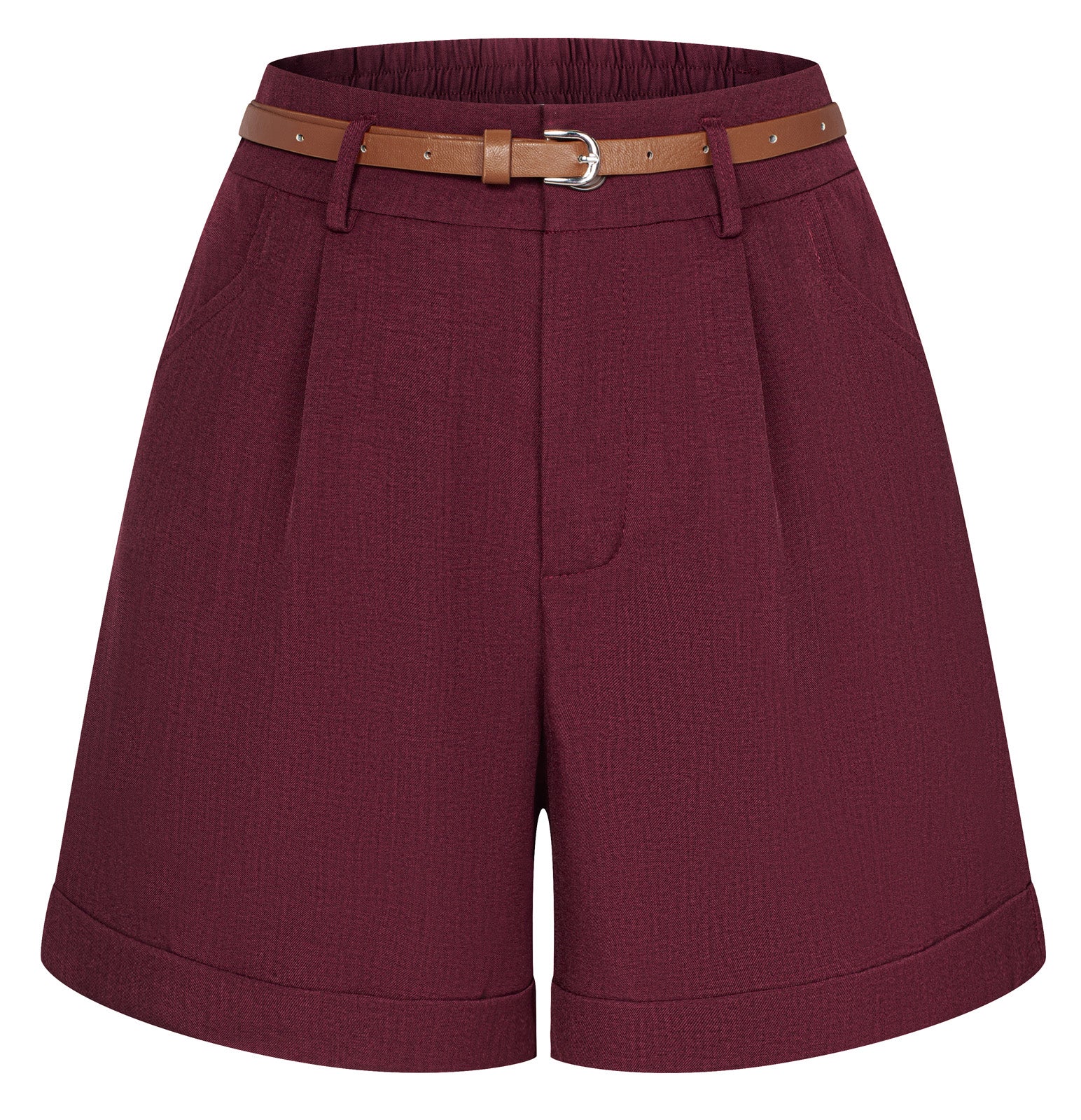 belle poque BP Women Vintage Shorts with Belt Elastic Waist Fold-up Leg Opening Short Pants Red