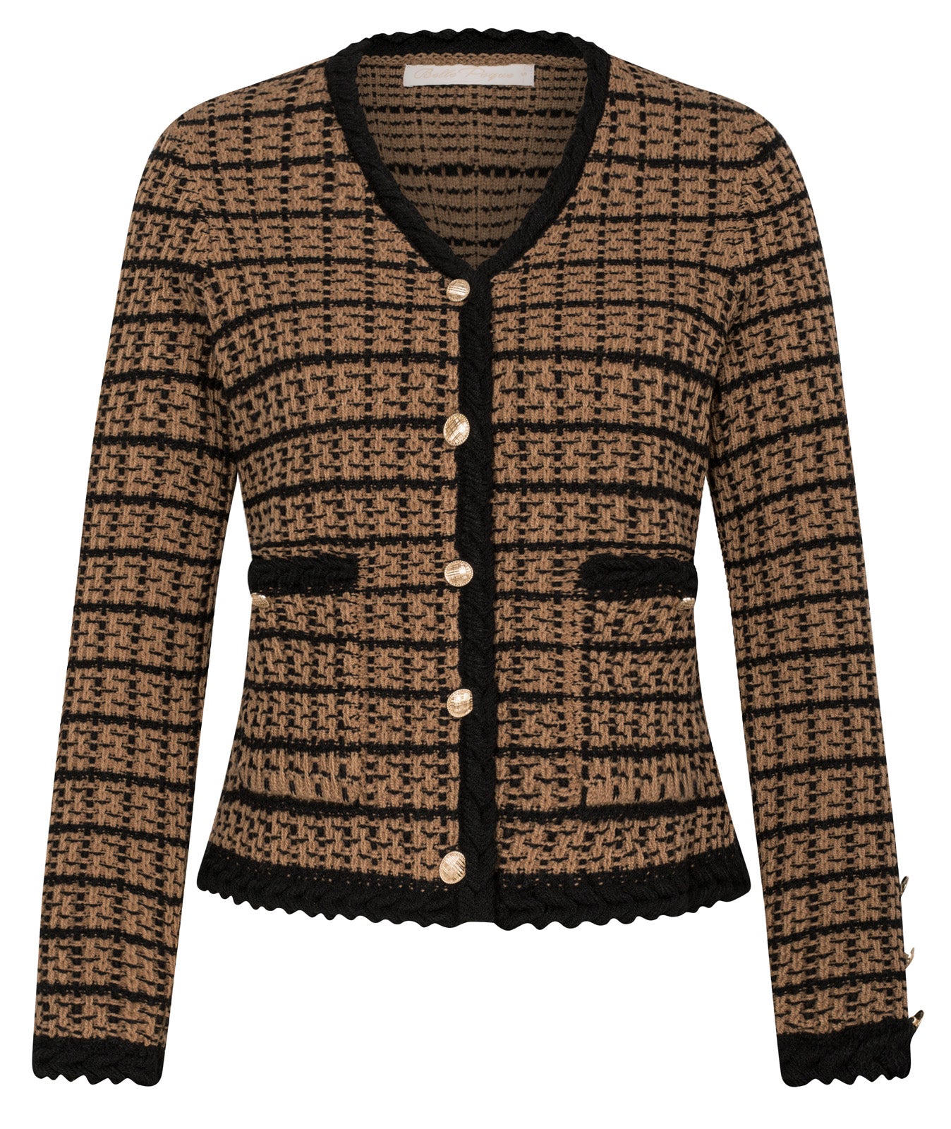 belle poque Contrast Color Cardigan Long Sleeve V-Neck Cable Knitted Sweater Brown